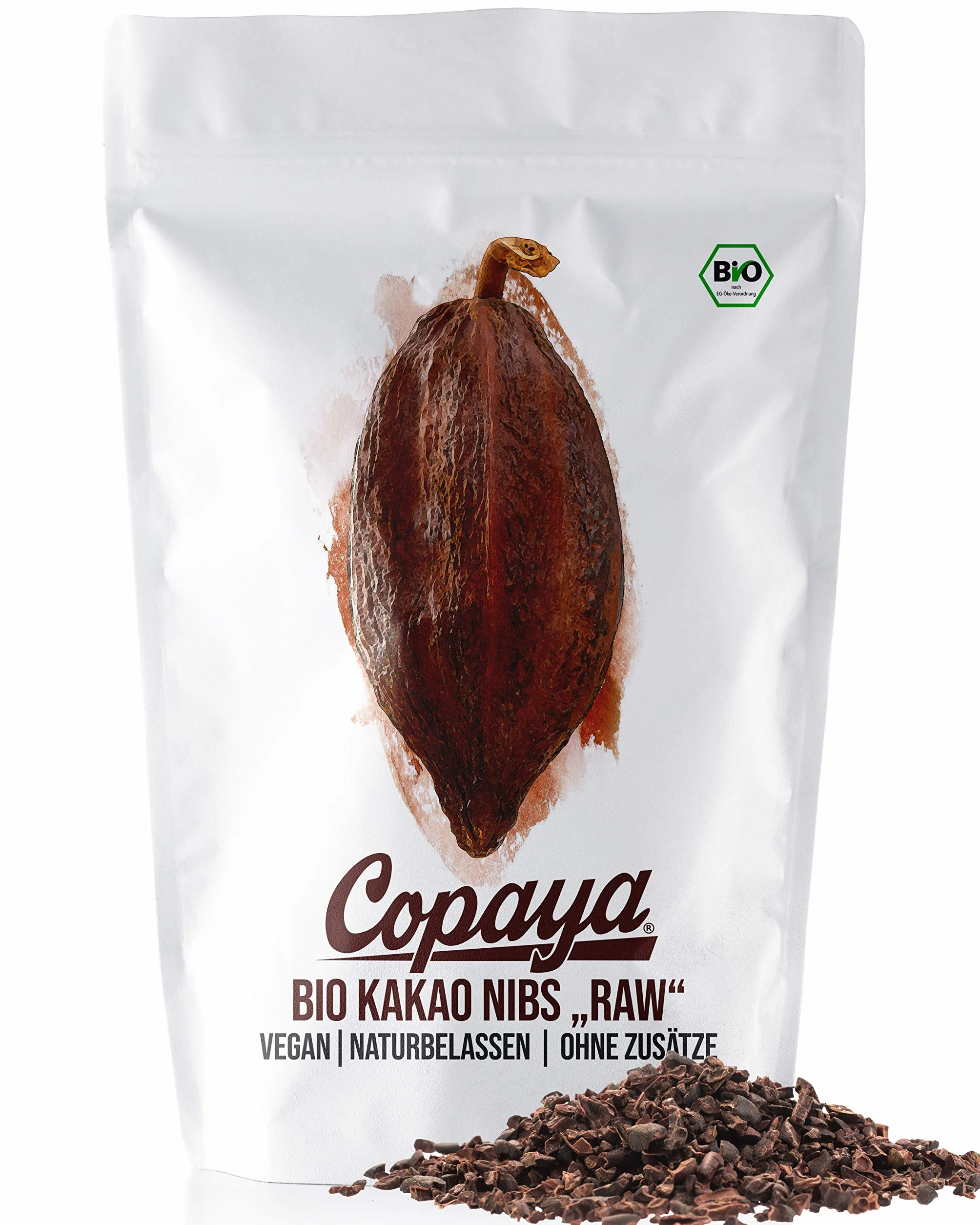 Copaya Bio kakao Nibs Roh bez dodatków, kakao z peruańskich ziaren kakao, kontrolowane ziarna premium bez cukru, niepalone i niesłodkie, opakowanie próbne 250 g