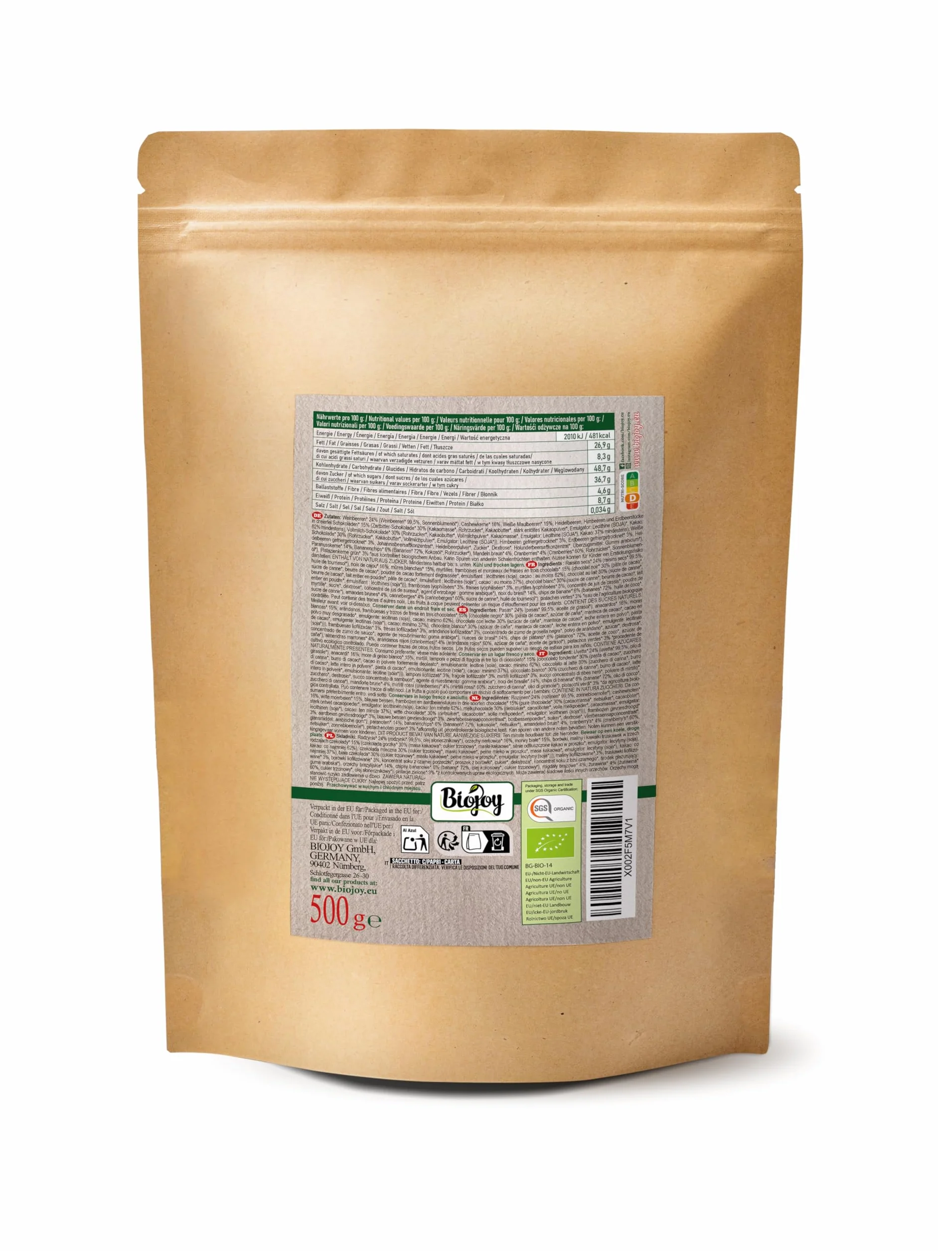 Biojoy Organiczna Zimowa Radość – mieszanka orzechowo-owocowa (500 g) z rodzynkami, orzechami nerkowca, migdałami i liofilizowanymi jagodami w trzech rodzajach czekolady