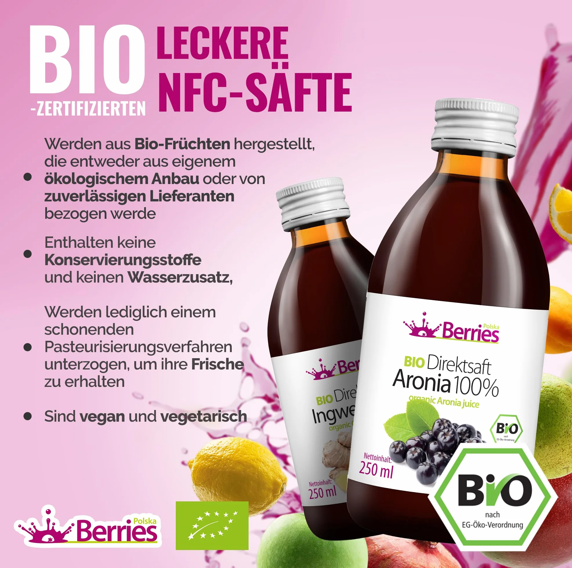 Berries Polska BIO 6x250ml Sok Bezpośrednio z Owoców Ekologicznych Tłoczony na Zimno - bez barwników, bez cukru, bez GMO, bez konserwantów - Wegański, Wegetariański, Organiczny - Czarna porzeczka