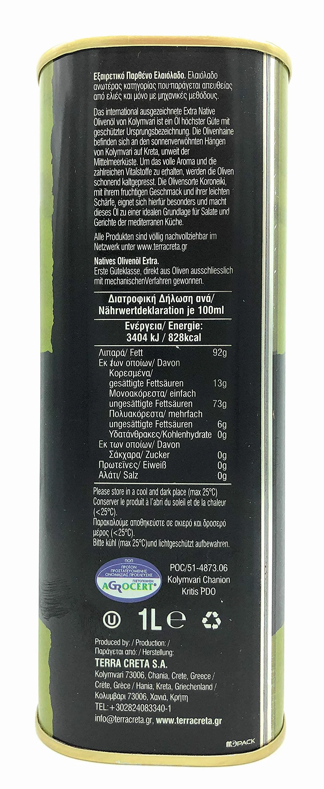 Terra Creta Estate PDO Kolymvari 1L – Oliwa Extra Virgin z Krety | Kwasowość <0,5% | Tłoczona na zimno | Odmiana Koroneiki | Chronione Oznaczenie Pochodzenia