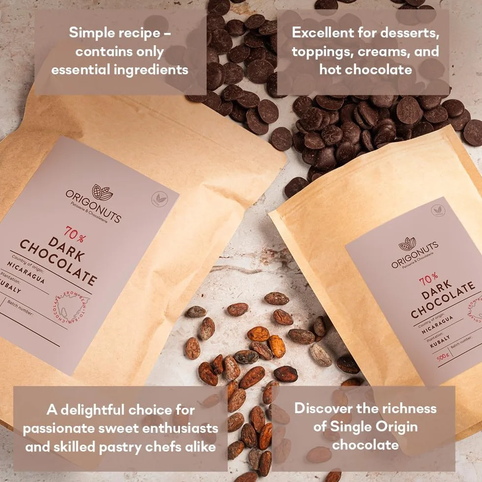 ORIGONUTS - Dropsy Czekoladowe - Czekolada do Topienia - 70% ciemna czekolada z Nikaragui - do fontanny czekoladowej, fondue czekoladowego, ciast, ciasteczek, tortów, muffinek - 1kg