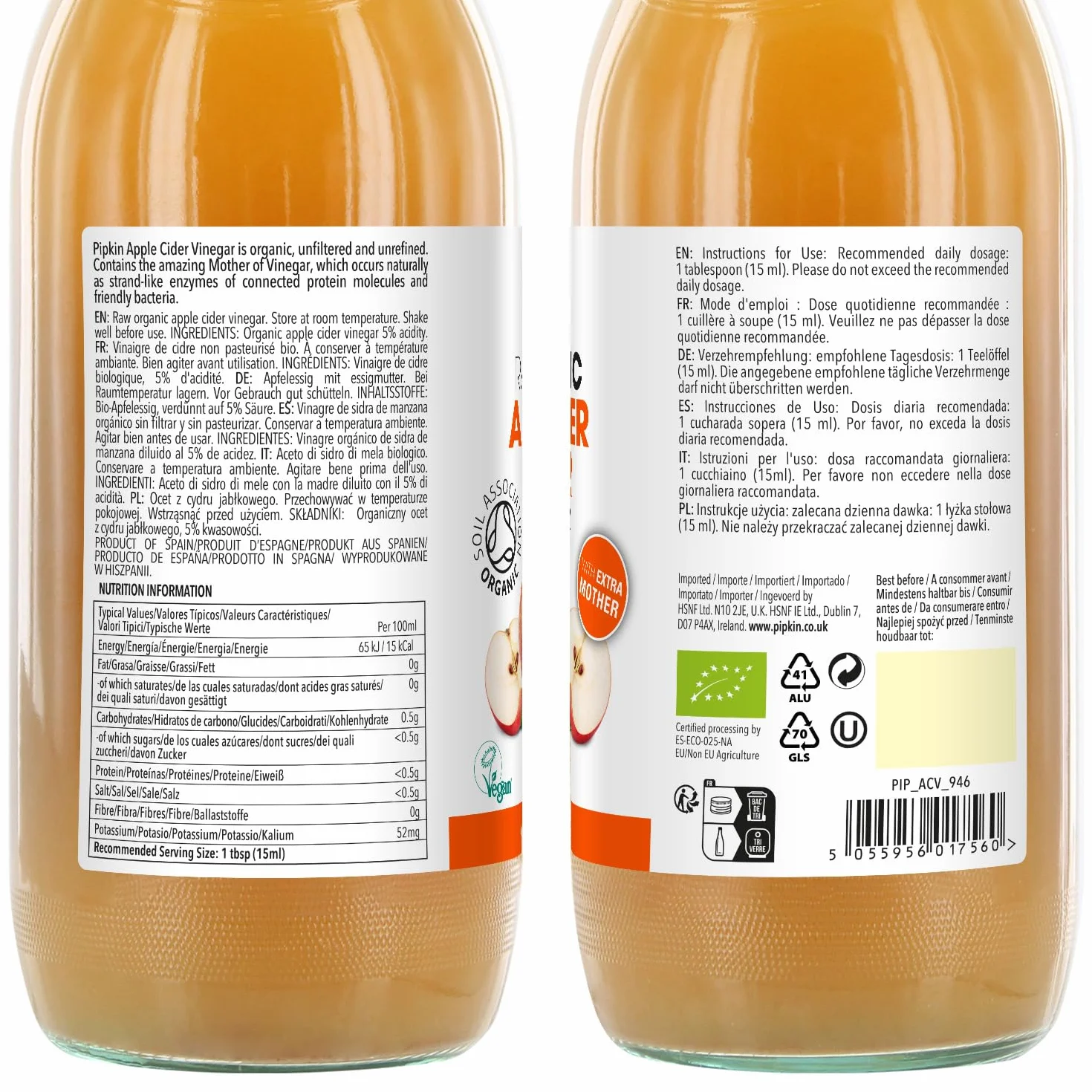 Pipkin 100% surowy ocet bio-jabłkowy, z nakrętką octową, czysty, nieprzetworzony i niefiltrowany, odpowiedni dla wegan i wegetarian (szklane naczynie)