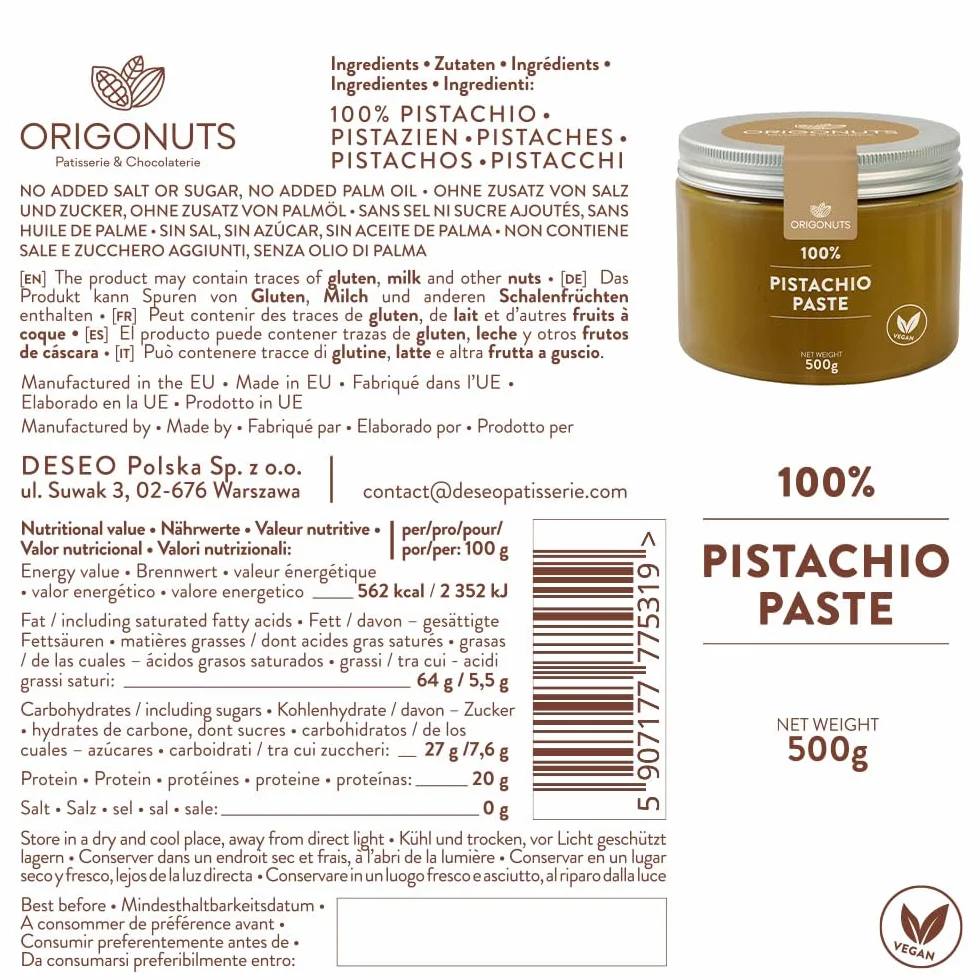 ORIGONUTS Pasta Pistacjowa 100% Pistacji 500g do Ciast i Deserów