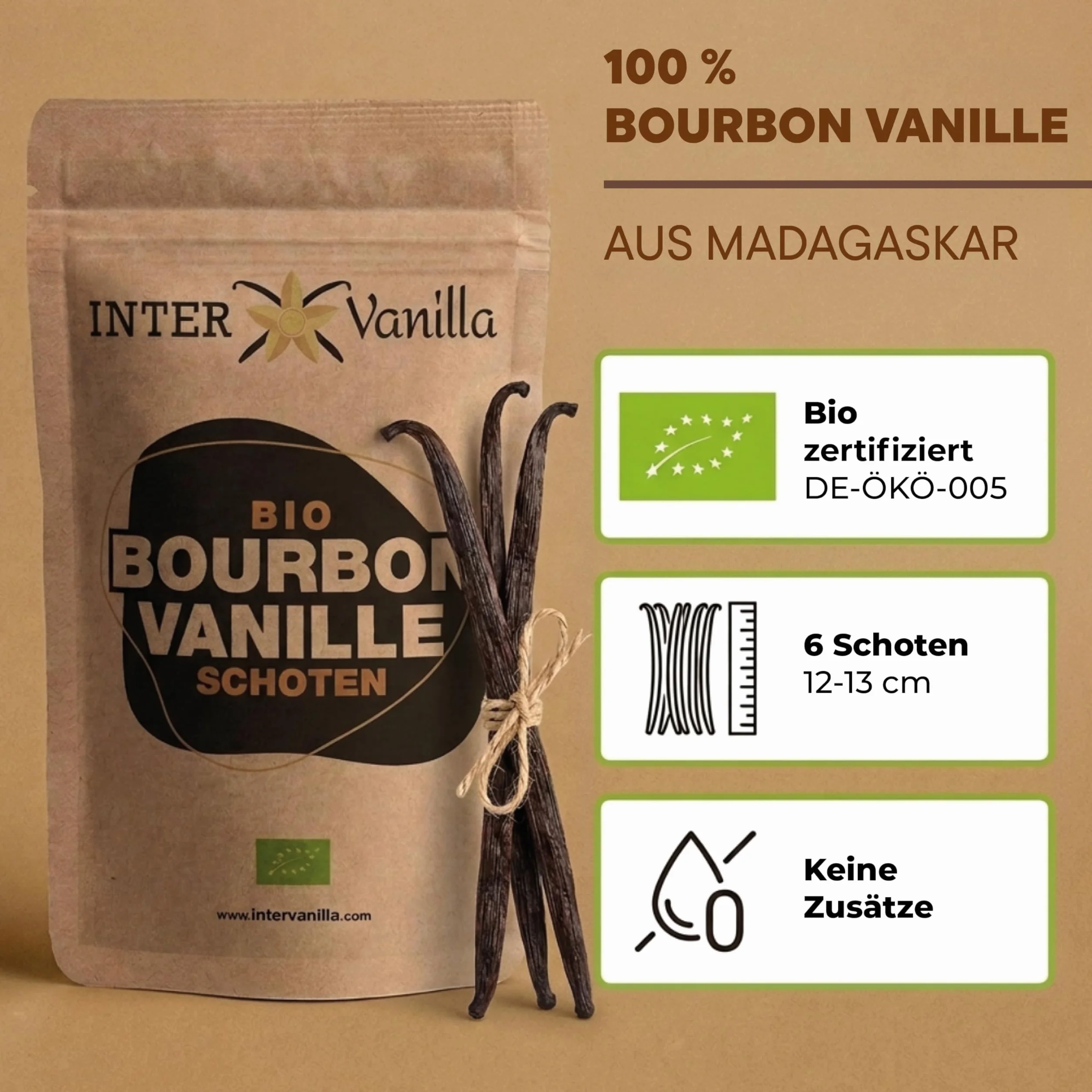 InterVanilla BIO Bourbon płatki wanilii, 6 sztuk, 12-13 cm, bourbon wanilia jakość premium A, z Madagaskaru
