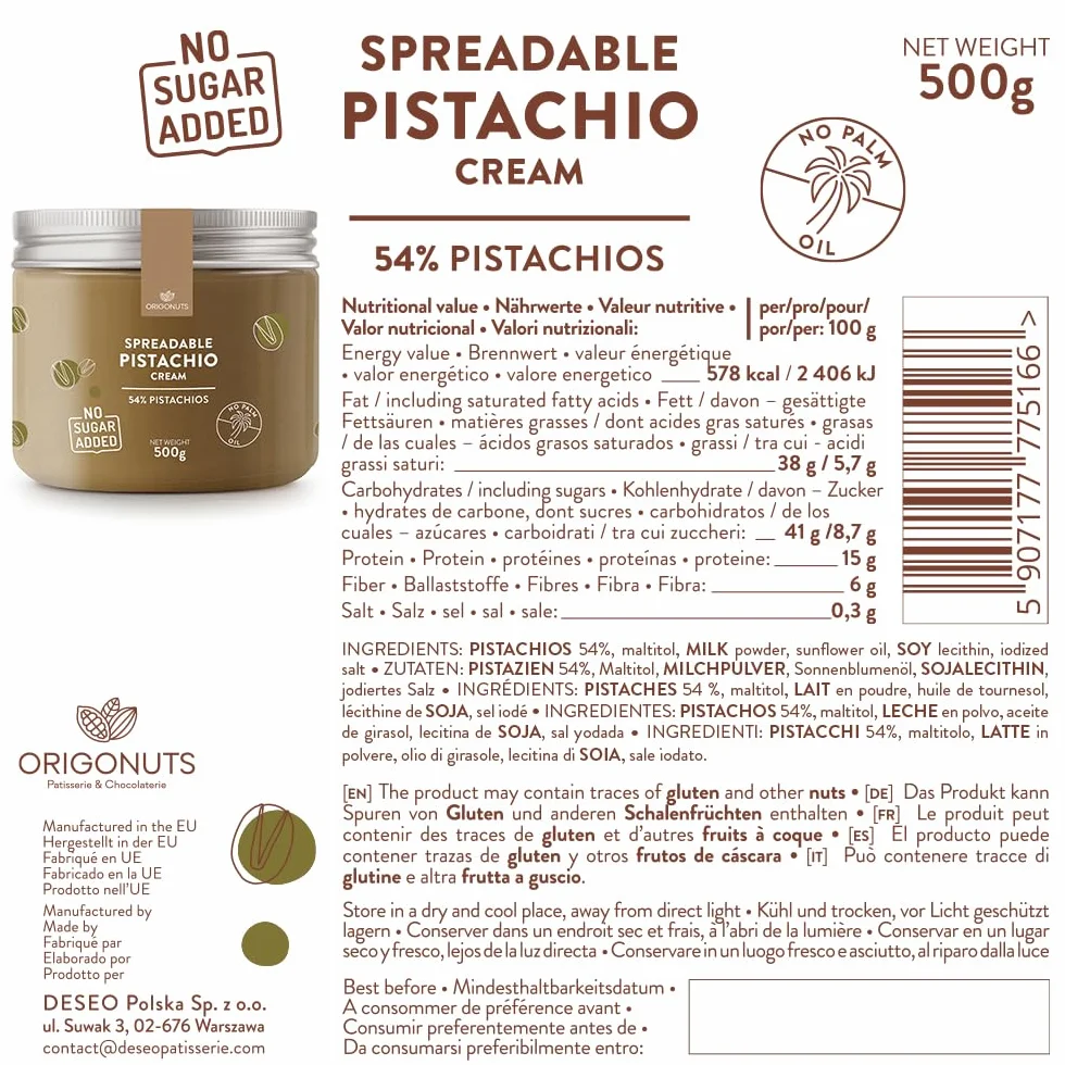 ORIGONUTS - Krem Pistacjowy - Pasta Pistacjowa 54% pistacji, słodzona maltitolem, bez cukru i oleju palmowego - do ciast, ciasteczek, tortów, kremów, deserów, do lodów - 500g