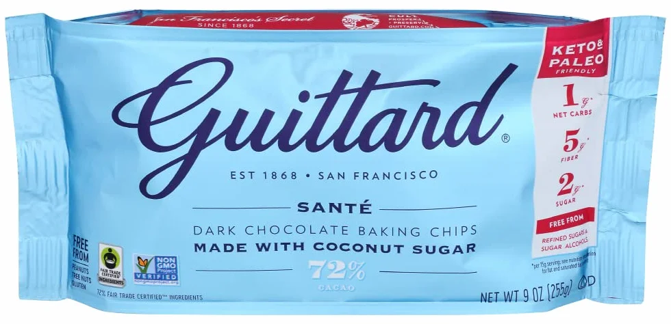 Guittard Chocolate Chips Santé – 72% Gorzka Czekolada z Cukrem Kokosowym, 255 g – Przyjazna dla Diet Keto & Paleo, Bez Cukru Rafinowanego – Intensywny Smak z Nutą Wanilii