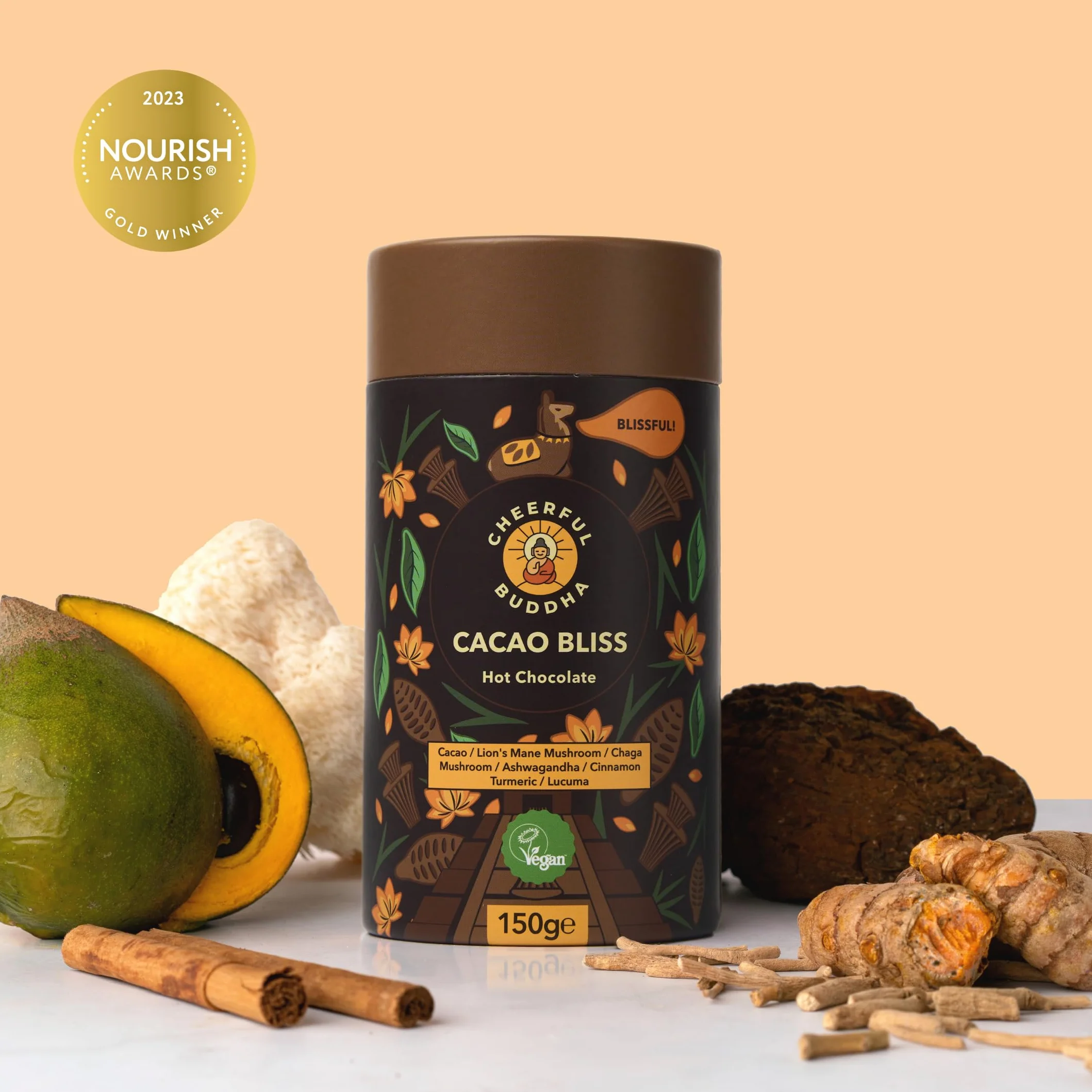 Cheerful Buddha Cacao Bliss gorący napój czekoladowy - energetyzująca alternatywa dla kawy, wzmocniony superfoods|mniej wstrząsów| bez dodatku cukru | przyjazny dla wegańskich | 150 g