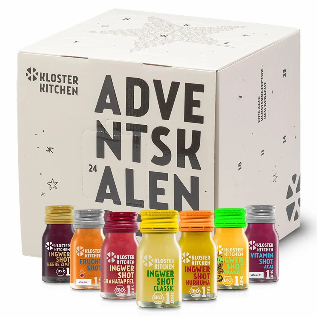 Kloster Kitchen Bio Imbir Shots kalendarz adwentowy na rok 2024, 35 porcji, wysokiej jakości napoje organiczne, prezent dla mężczyzn i kobiet, wegański i organiczny