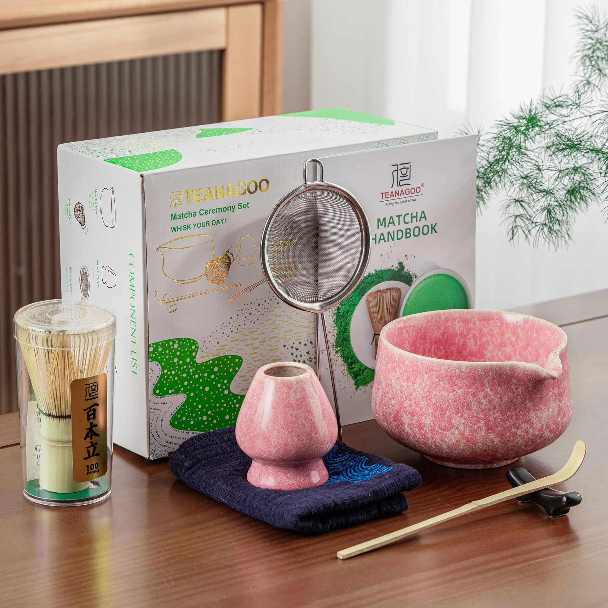 TEANAGOO Zestaw trzepaczek Matcha, zestaw 7 szt., różowy, zestaw do ceremonii matcha, zestaw do herbaty matcha do robienia latte, ceramiczna miska (chawan) z wylewką i trzepaczką, prezent dla