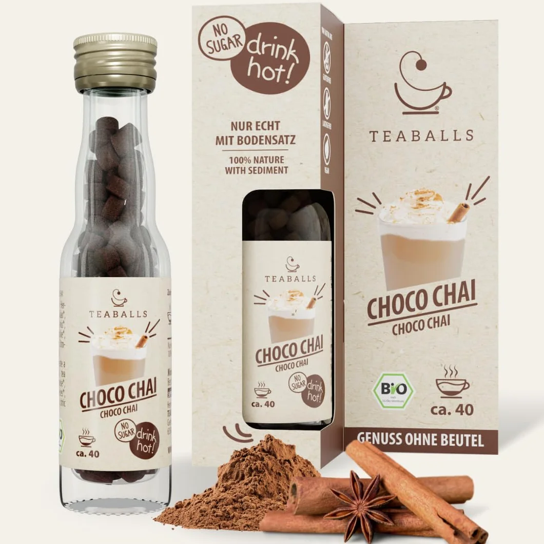 TEABALLS – BIO CHOCO CHAI – herbata kakaowa z przyprawami, bez worka, tylko z gorącą wodą, czekoladowo-pikantna, 40 filiżanek, bez cukru i kalorii, wegańska, niemiecka innowacja