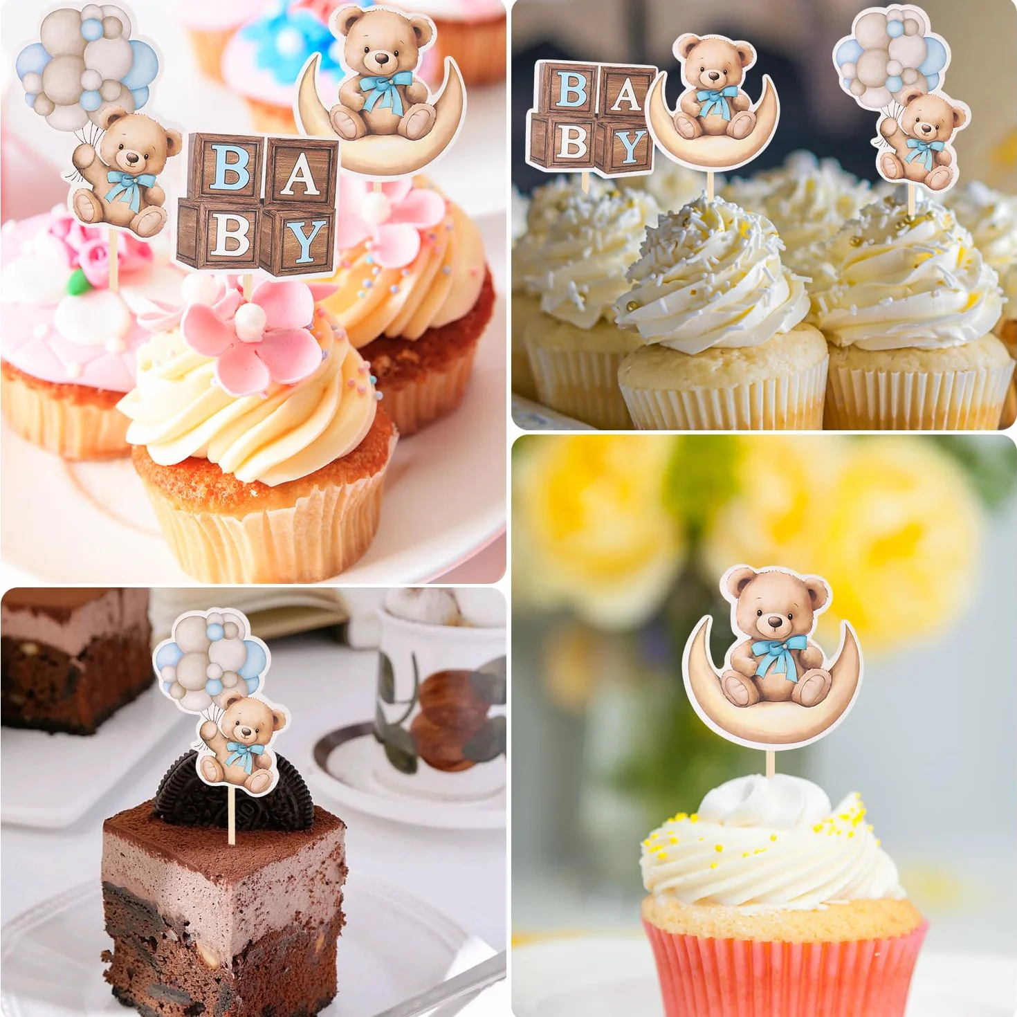 Ozdoby na babeczki z niedźwiedziem, baby shower, babeczka, miś, motyw baby shower, dekoracje na tort, dla dzieci, chłopców, dziewcząt, urodziny, przyjęcie, ciasto, dekoracje, materiały