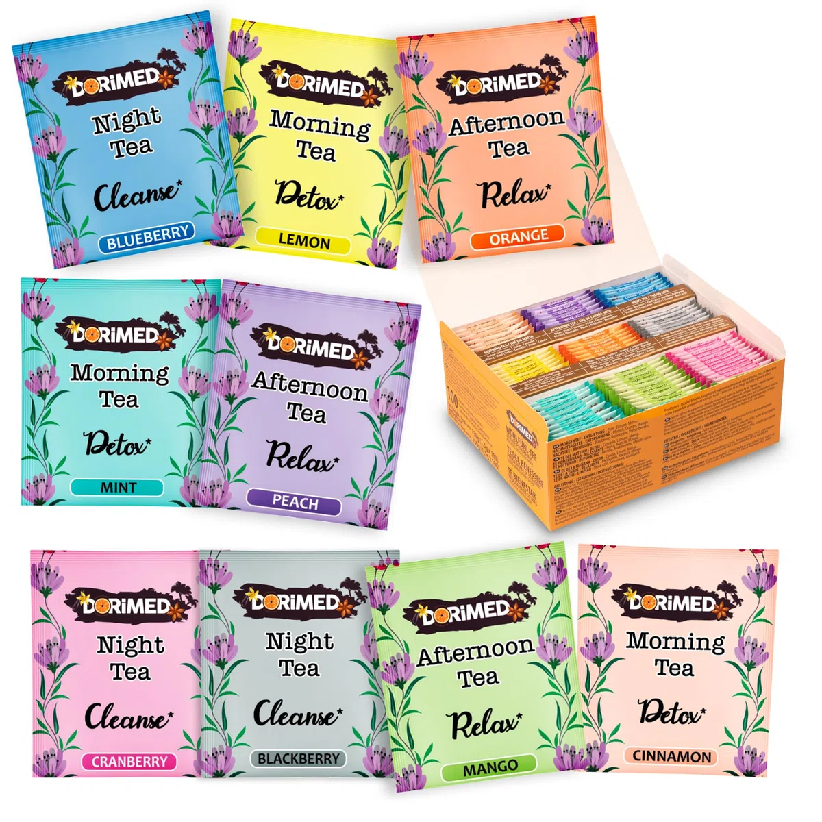 Dorimed Asortyment herbaty - Pudełko na prezent - Herbata Wellness (100% naturalna, bez cukru, glutenu i GMO) - 100 saszetek, 6 smaków - 3 oczyszczające, 2 Detox, 1 uspokajający
