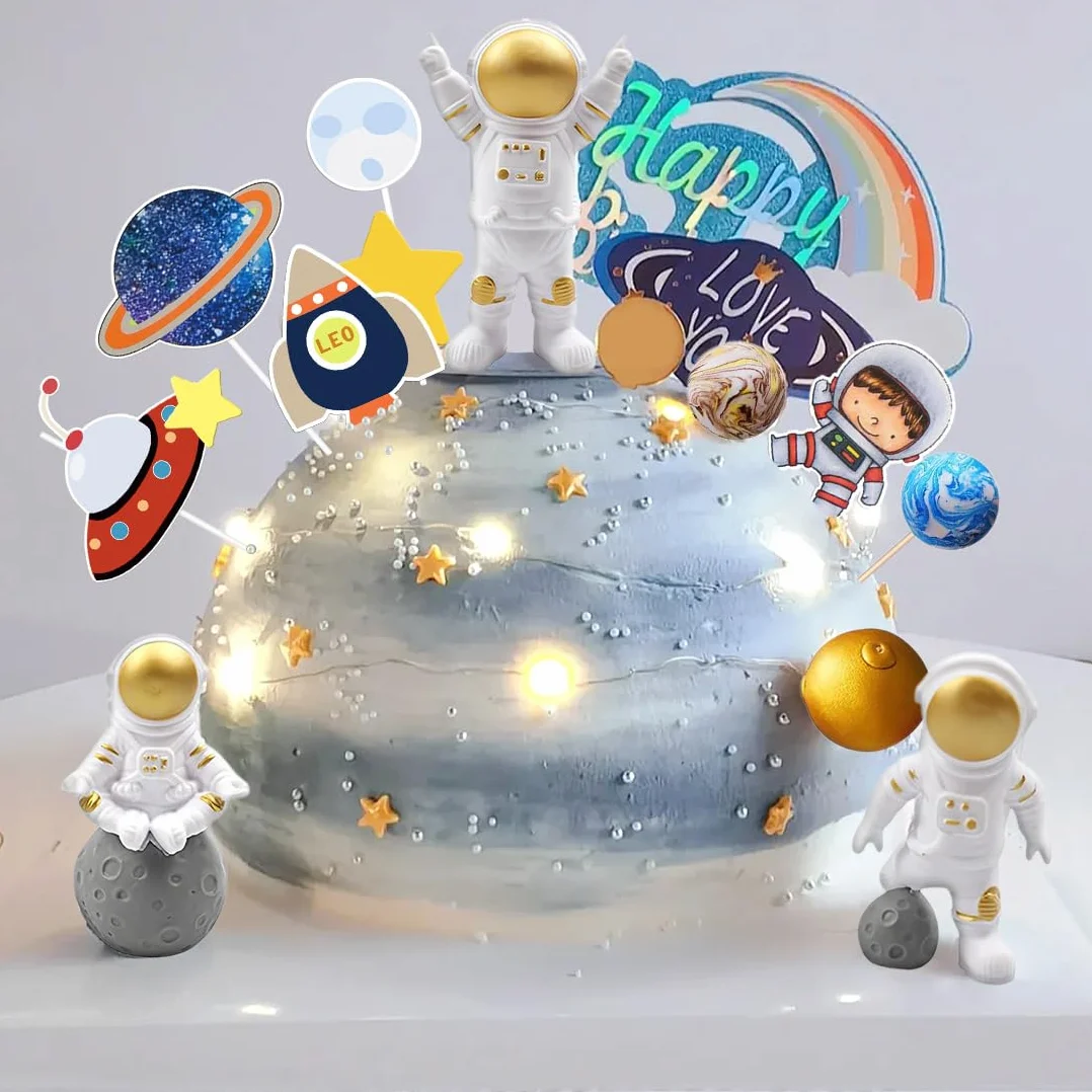 9 sztuk dekoracji na tort, dekoracja na tort astronauta, przestrzeń zewnętrzna, planety topper dekoracja dla chłopców, dziewcząt, dzieci