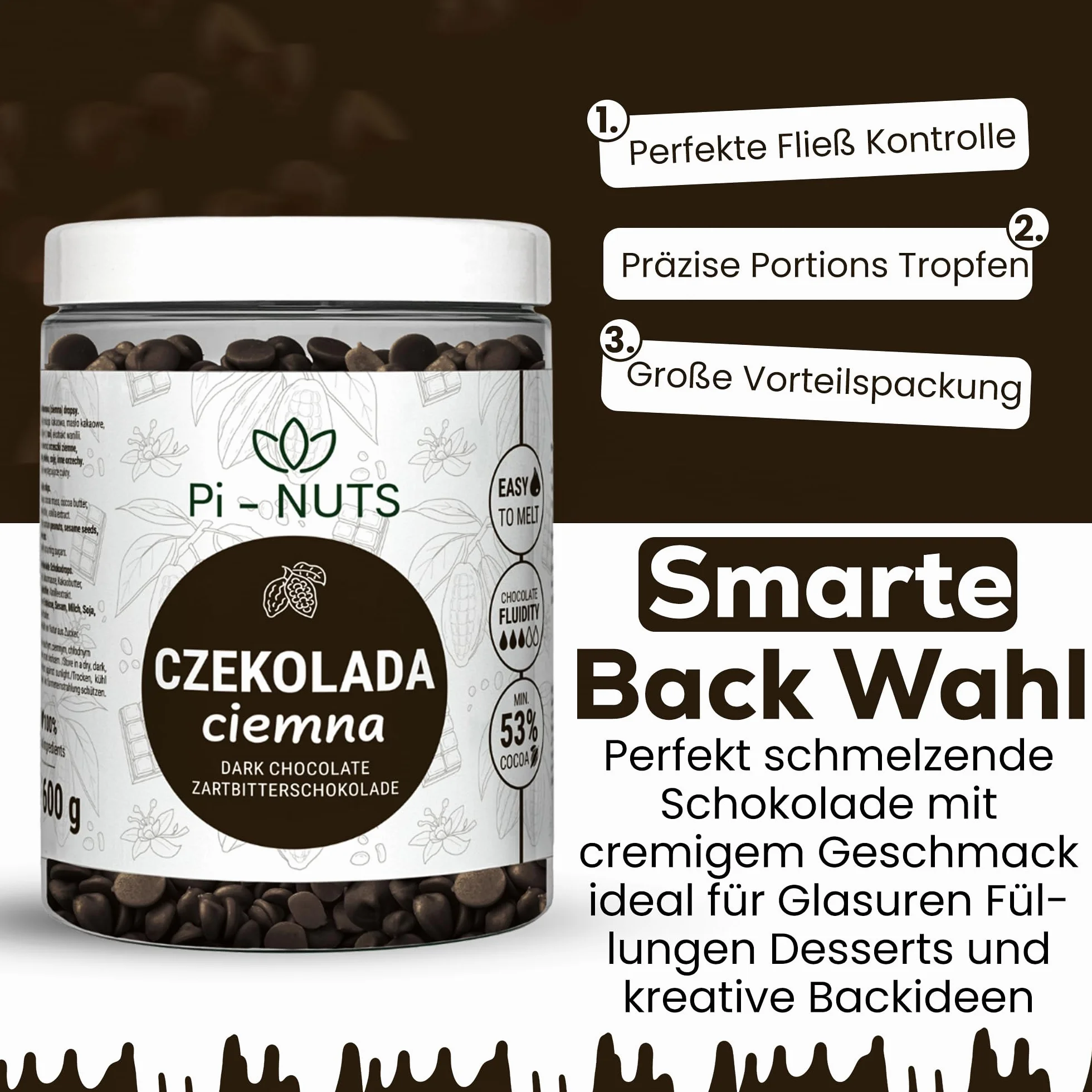 Pi-NUTS Czekolada Ciemna 53% Dropsy, Do Wypieków, Fondue, Fontann, Pralin, 600g