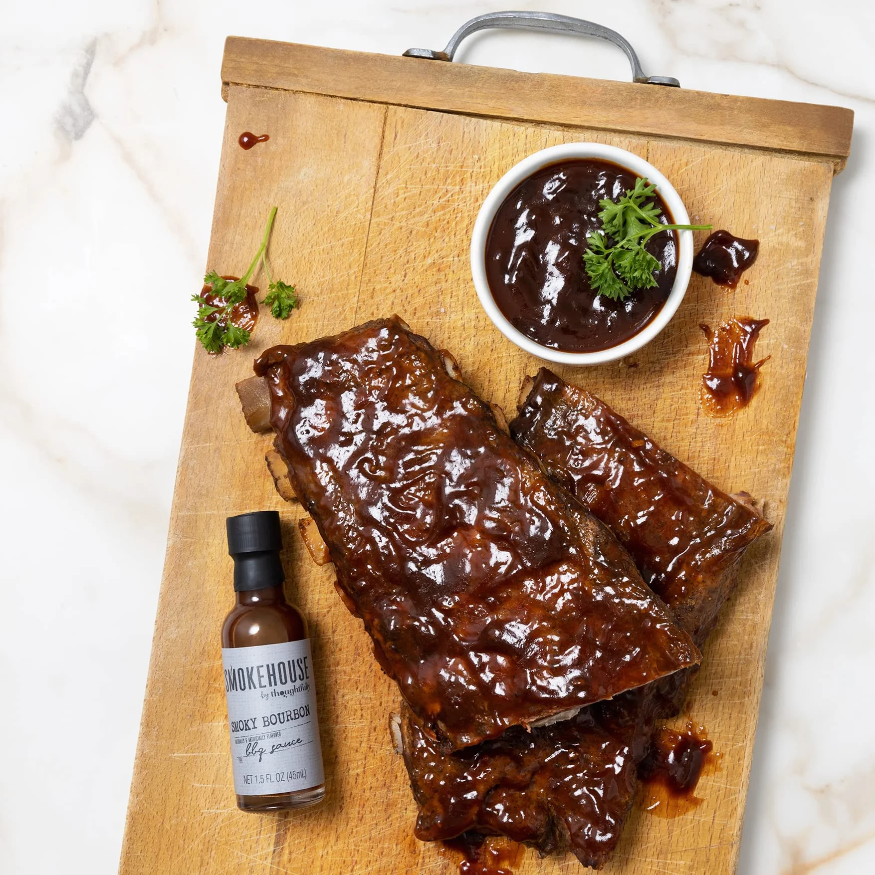 Smokehouse by Thoughtfully, zestaw próbek sosów BBQ Smokehouse Gourmet, smaki obejmują chipotle miodu, wędzony burbon, słodki i pikantny i sos BBQ z boczkiem, 4 sztuki