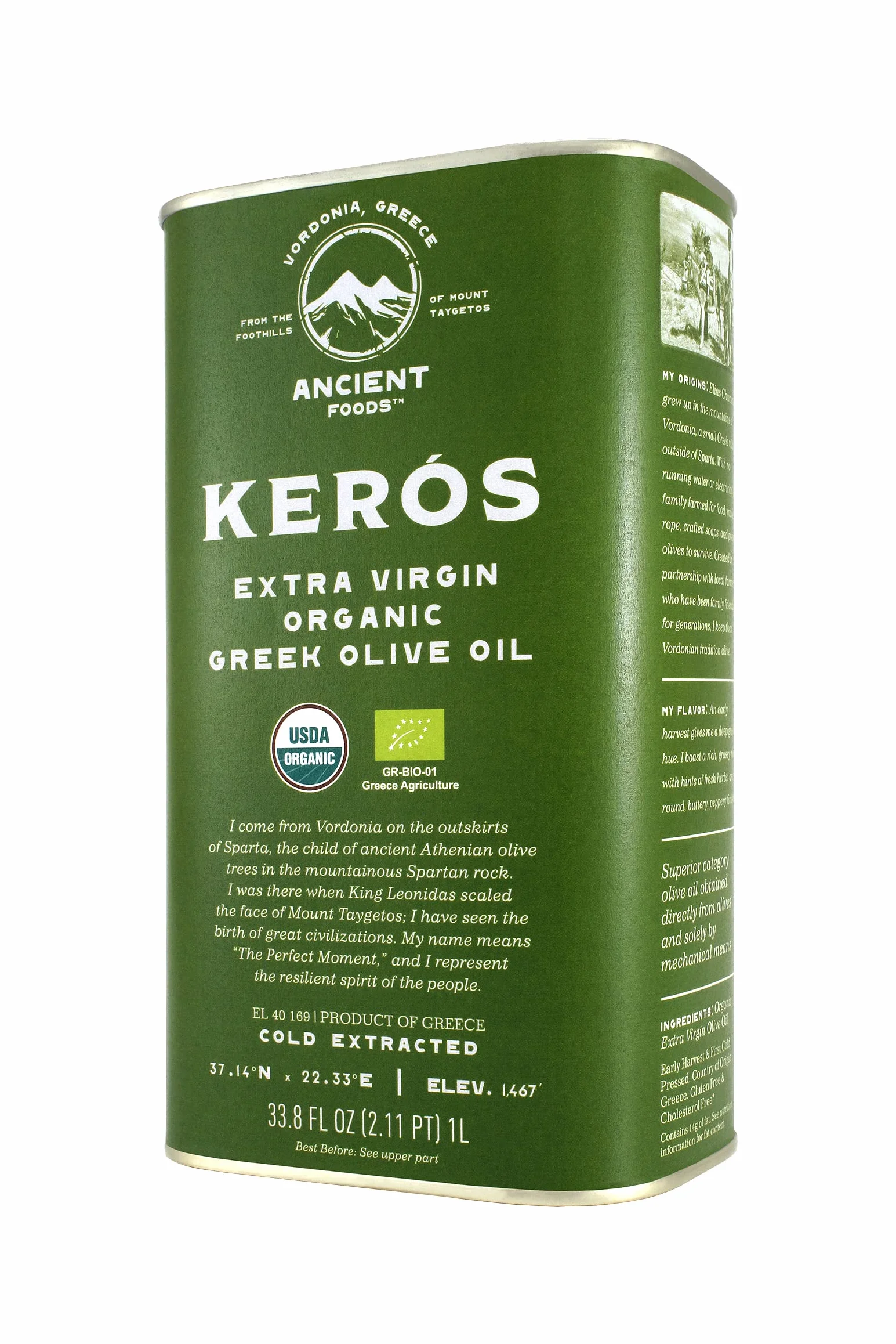 Ancient Foods BIO | Kerós Organiczna oliwa z oliwek | tłoczona na zimno | Grecka oliwa z oliwek pierwszego tłoczenia | Wysoka zawartość fenoli | 1000-letnie drzewa | Tradycyjny zbiór ręczny | 1 Litra