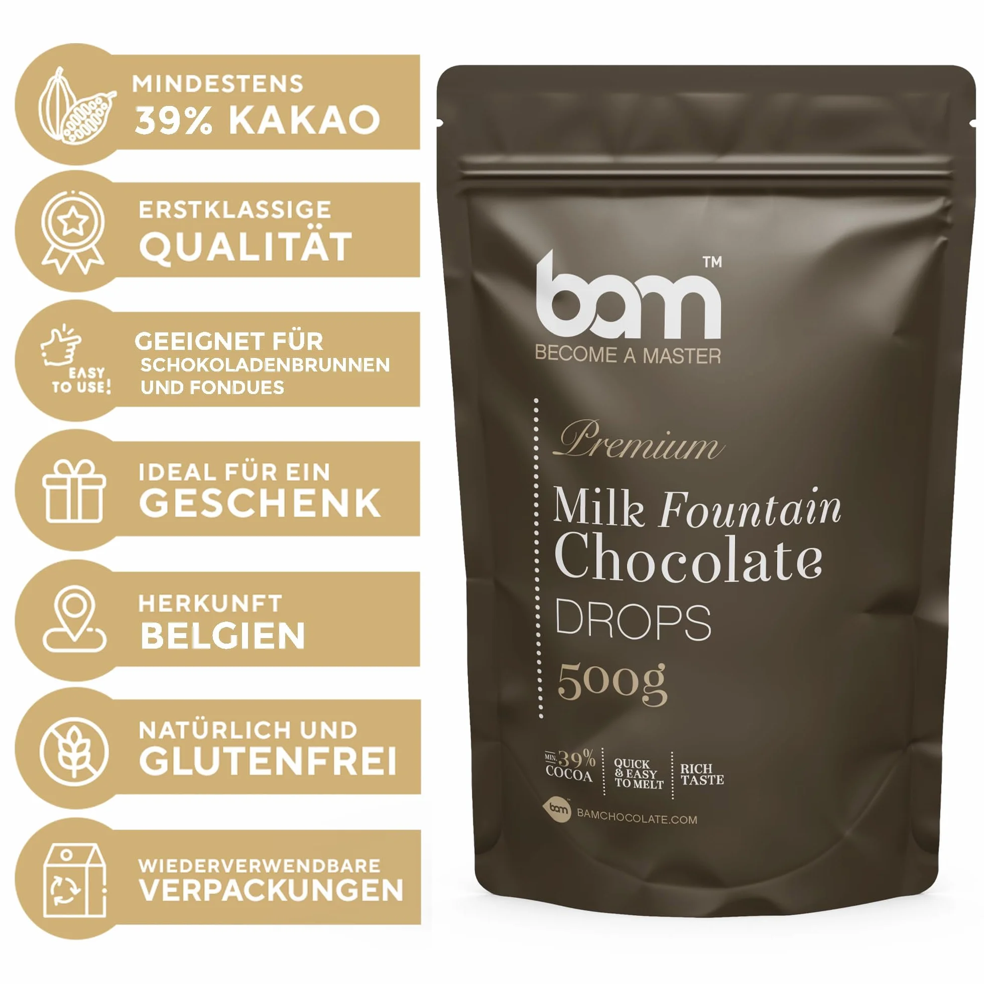 BAM Krople czekolady mlecznej premium do fontann czekoladowych, kaletek, chipsów do fondue czekoladowego, łatwe do stopienia, 500 g