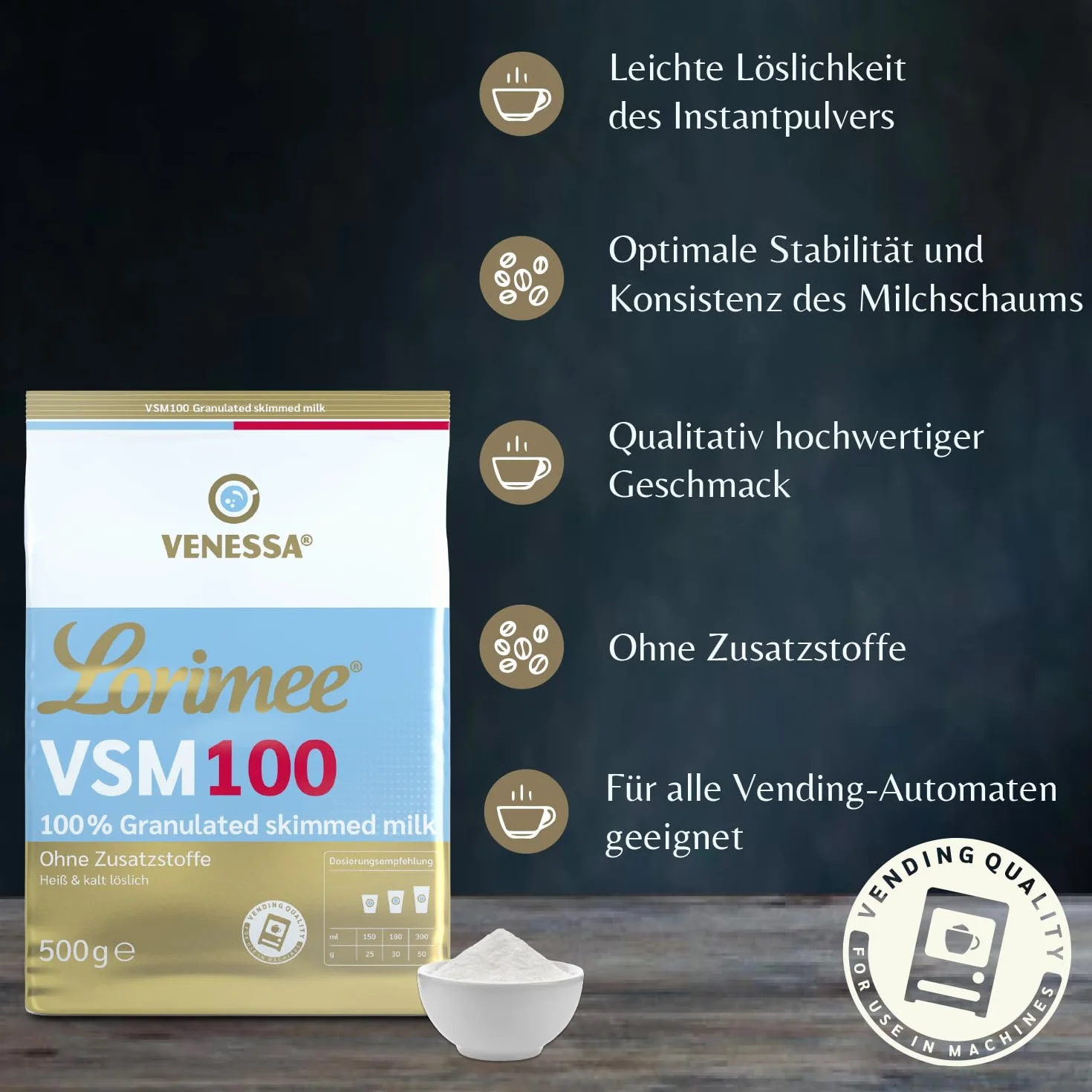 Venessa VSM 100 Lorimee odtłuszczone mleko w proszku granulat 500 g Skimmed Milk do kawy