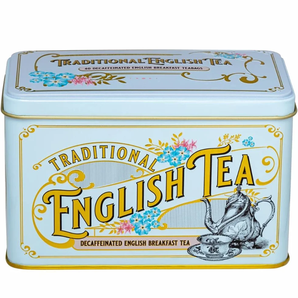 New English Teas Vintage wiktoriański Power Blue pojemnik na herbatę z 40 bezkofeinowymi angielskimi herbatami śniadaniowymi