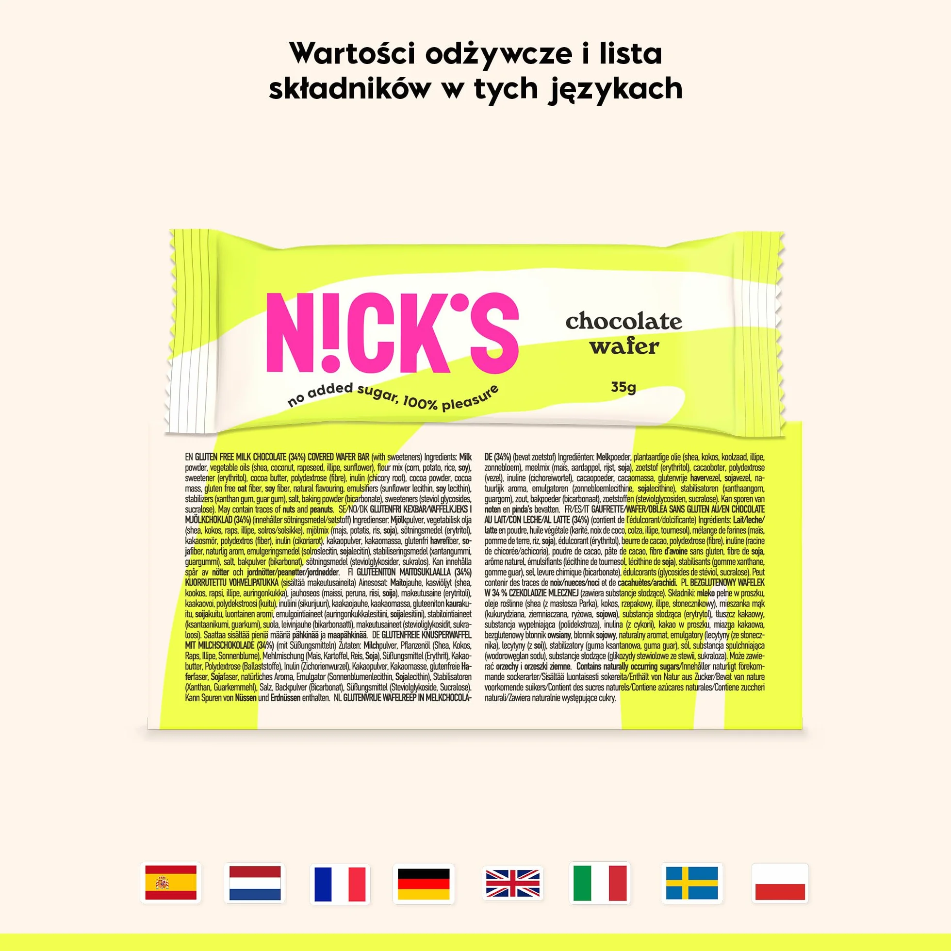 NICKS Chocolate Wafer Batony Czekoladowe Niskowęglowodanowe Bez Dodatku Cukru Bezglutenowe 9x35g