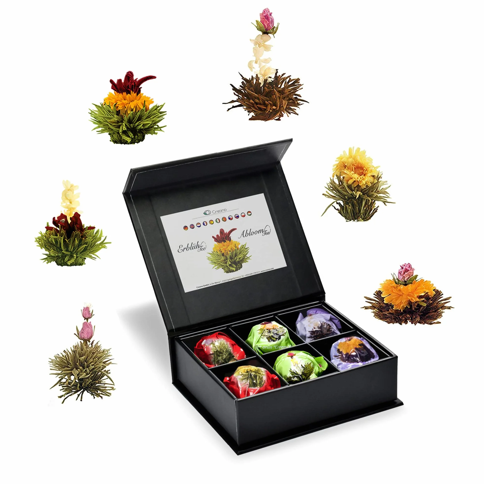 Zestaw prezentowy Creano 6 Tea Flower: biała, czarna i zielona herbata w eleganckim magnetycznym pudełku ze srebrnym tłoczeniem – 6 różnych odmian – prezent świąteczny