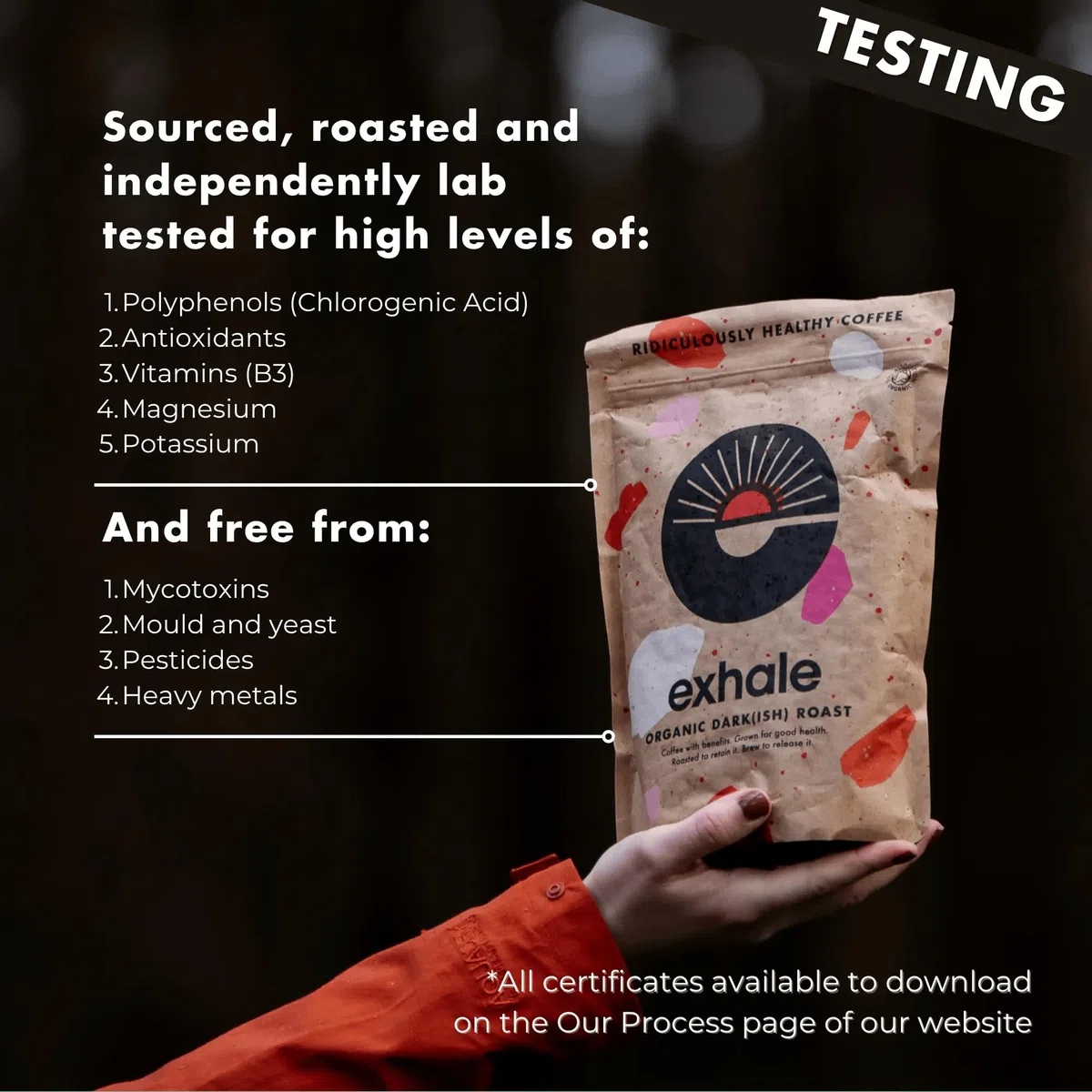 EXHALE Organiczna kawa mielona - opakowanie 225 g - pojedyncze pochodzenie i 100% ziarna arabiki. Do Moka, AeroPress i Drip - średnia palona