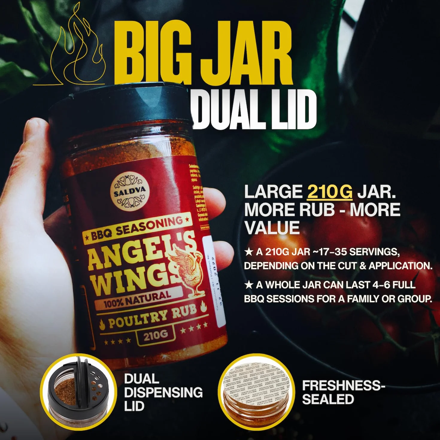Angel's Wings BBQ Chicken Rub – 100 % naturalna aromatyczna przyprawa – Idealna mieszanka przypraw do wspaniałych dań z kurczaka z grilla – Duży słoik (210 g)