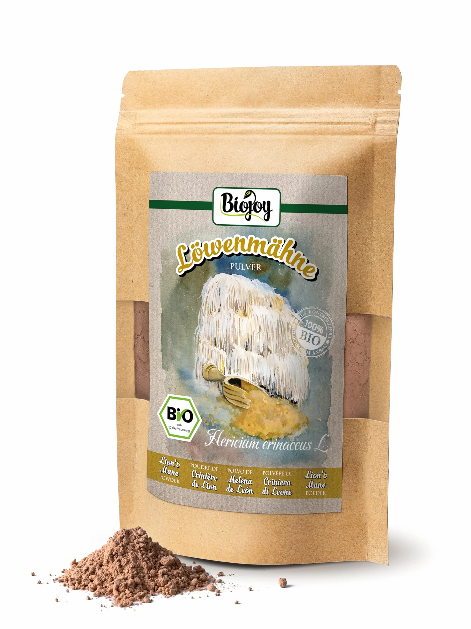 Biojoy Organiczny Grzyb Lwia Grzywa w proszku (100 g), Lion’s Mane, Soplówka Jeżowata suszona i drobno mielona (Hericium erinaceus L.)