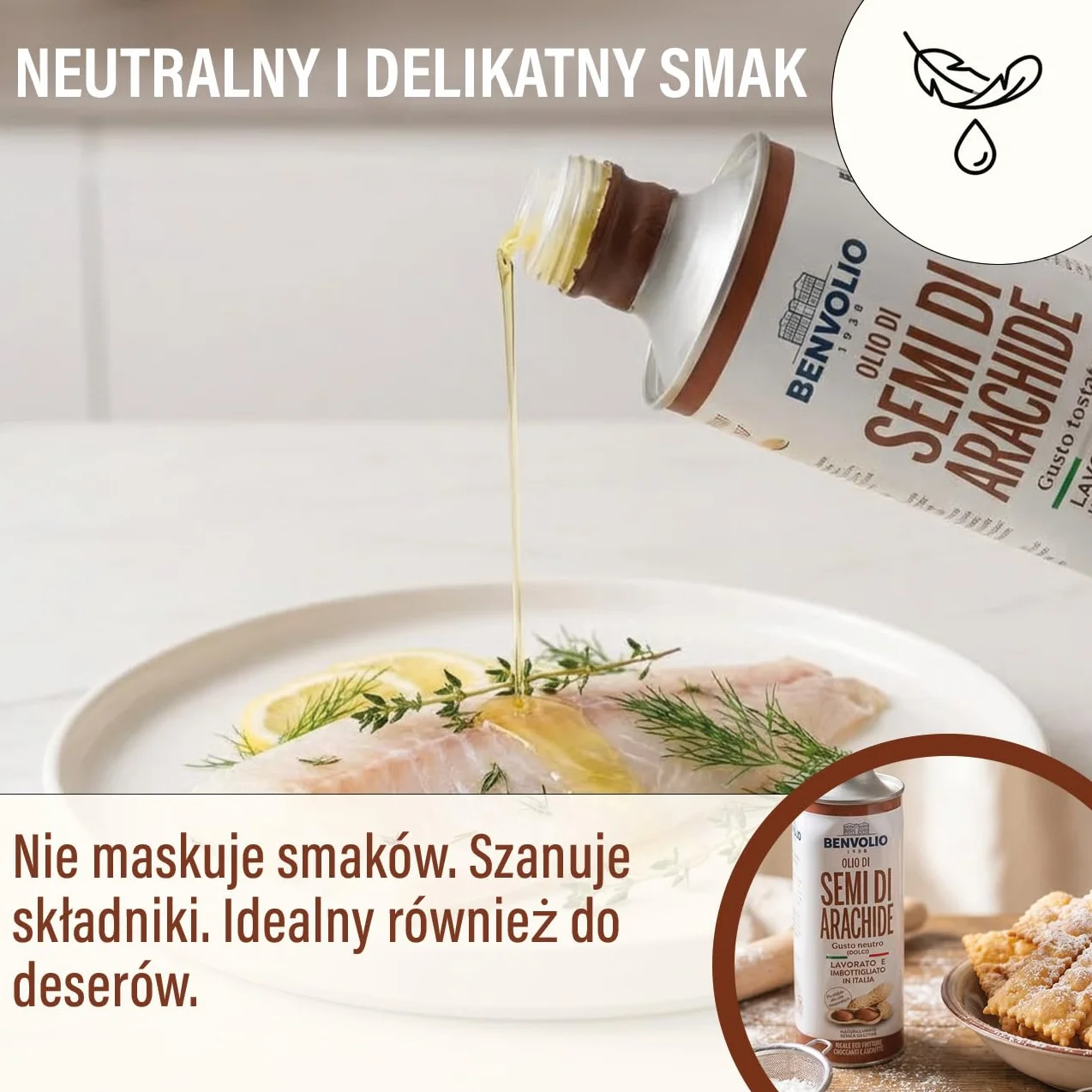 Benvolio 1938 Olej Arachidowy 100% Włoski, do Smażenia i Głębokiego Tłuszczu, Wysoki Punkt Dymienia, Neutralny Smak, Bezglutenowy, 750g