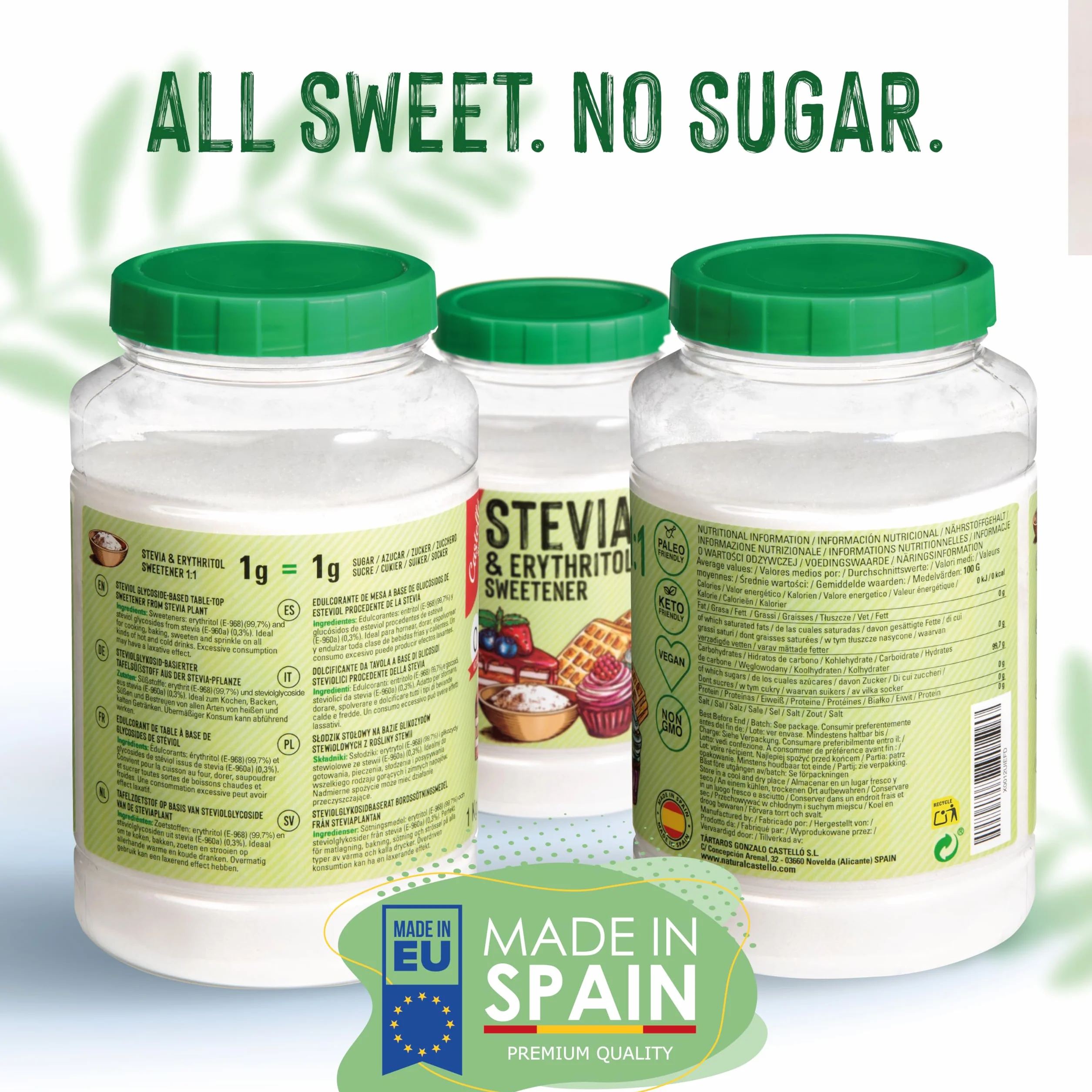 Słodzik Stevia + Erytrytol 1:1 | 1g = 1g cukru | Słodzik o 100% naturalnym smaku - 0 Kalorii - 0 Indeks Glikemiczny - Keto i Paleo - 0 Węglowodanów Netto - Bez GMO - Castello since 1907-1 kg