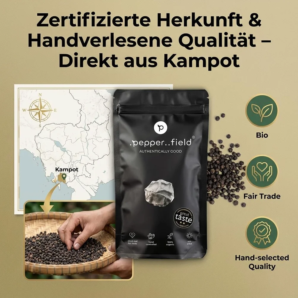 Pepper Field Kampot Pieprz Czarny – Premium Pieprz Czarny W Całości z Kambodży, Świeży & Aromatyczny, Całe Ziarna Pieprzu do Młynka & Kuchni, Great Taste, Idealny do Gotowania & Grillowania, 250g