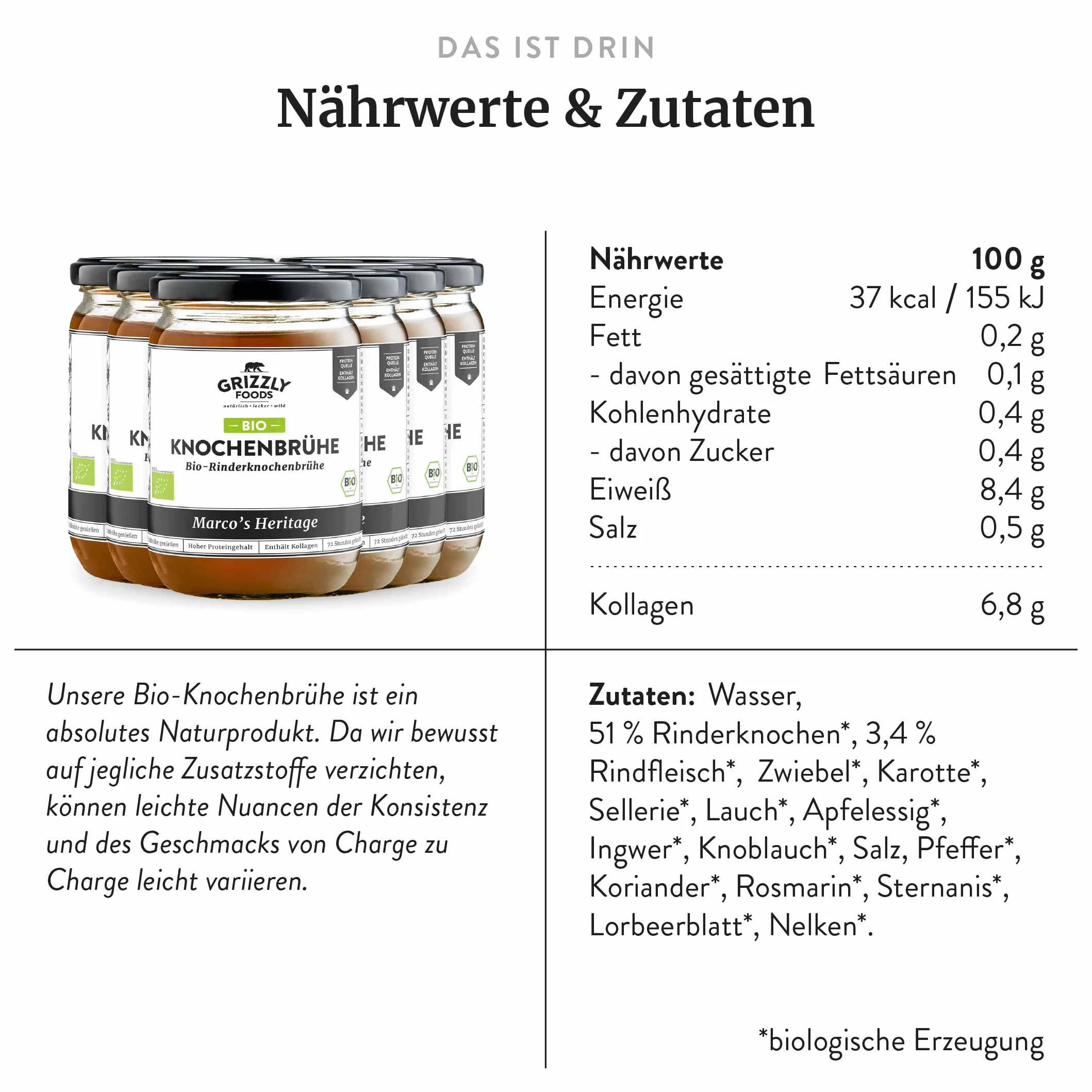 Grizzly Foods • Bio bulion z kości wołowej (6 x 500 ml) • 25 g kolagenu na szklankę • gotowany przez 72 godziny • 100% naturalny • bez cukru, bez dodatków • wartościowe składniki odżywcze • Bone Broth