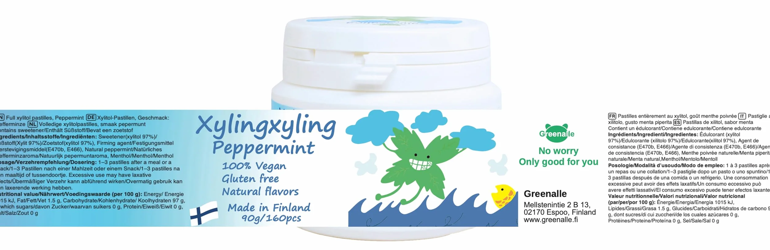 Xylingxyling Fińskie pastylki z ksylitolem 90g 160 szt. Mięta wegańskie bez cukru bez glutenu naturalne aromaty