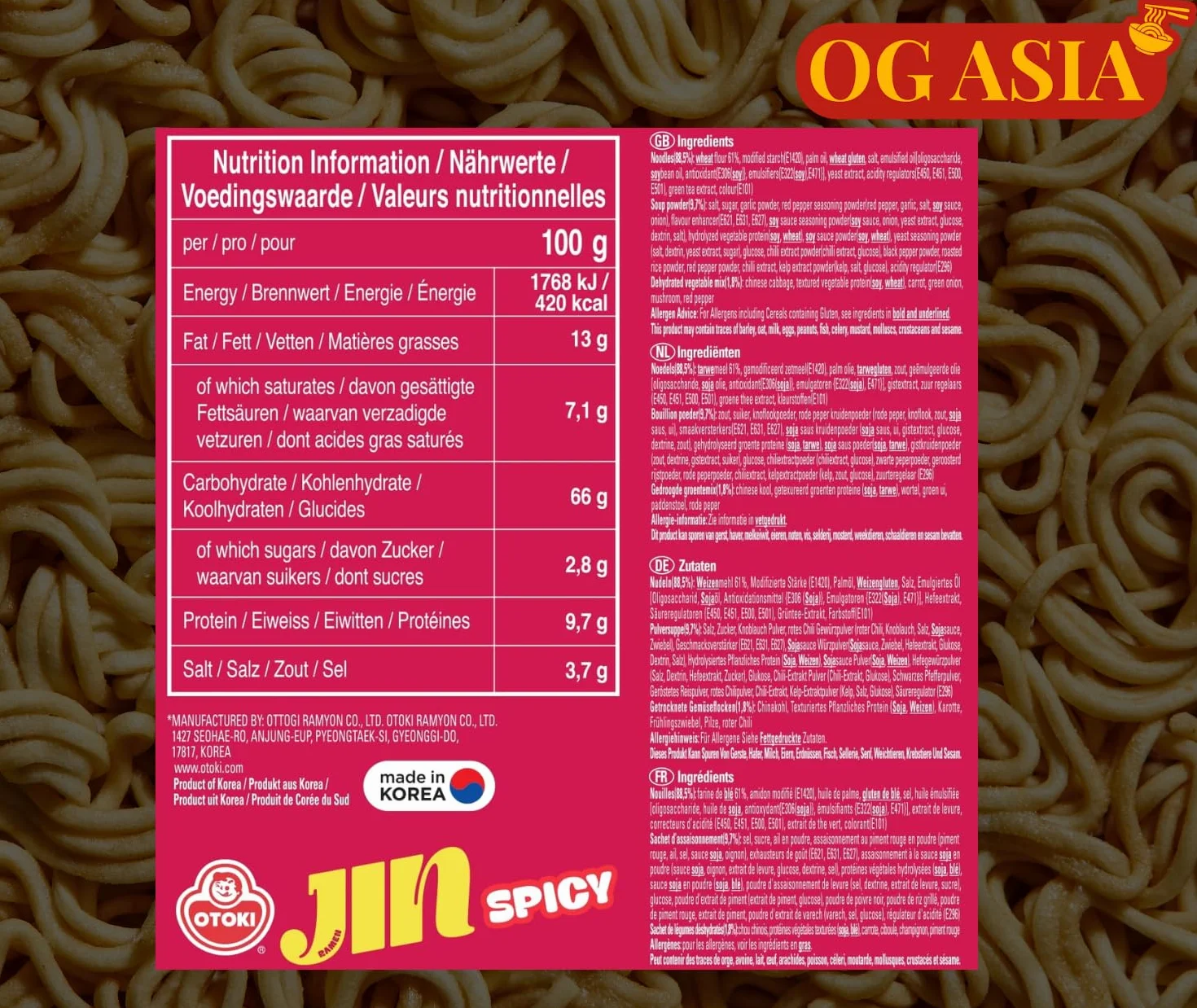Ottogi Jin Ramen Spicy 5 szt. - makaron instant, ostry, autentyczny, koreański, 5 x 120 g, OG ASIA - 600 g