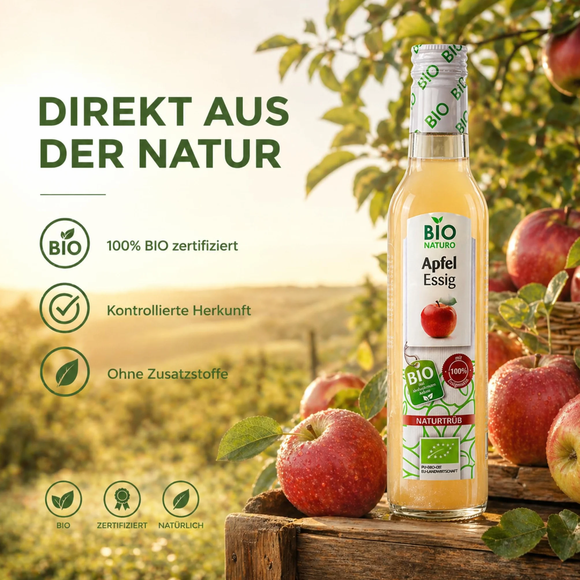 BioNaturo - Bio ocet jabłkowy, naturalny mętny 3 x 250 ml – niefiltrowany, z "matką octu", idealny do sałatek, sosów i korzyści zdrowotnych