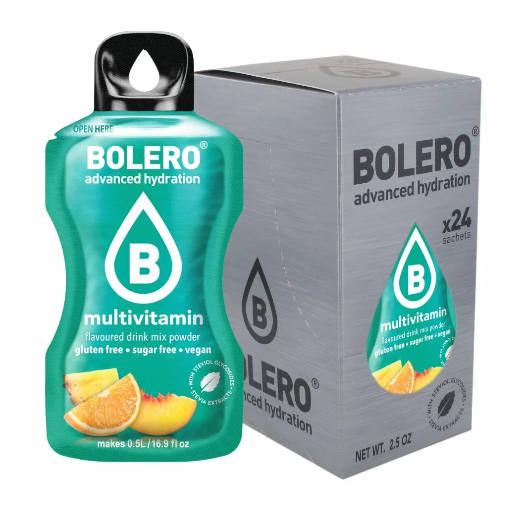 Bolero MULTIVITAMIN 24x3g | Proszek do napojów bez cukru, słodzony stewią + witamina C | odpowiedni dla dzieci, sportowców i diabetyków | bezglutenowy i przyjazny dla wegan