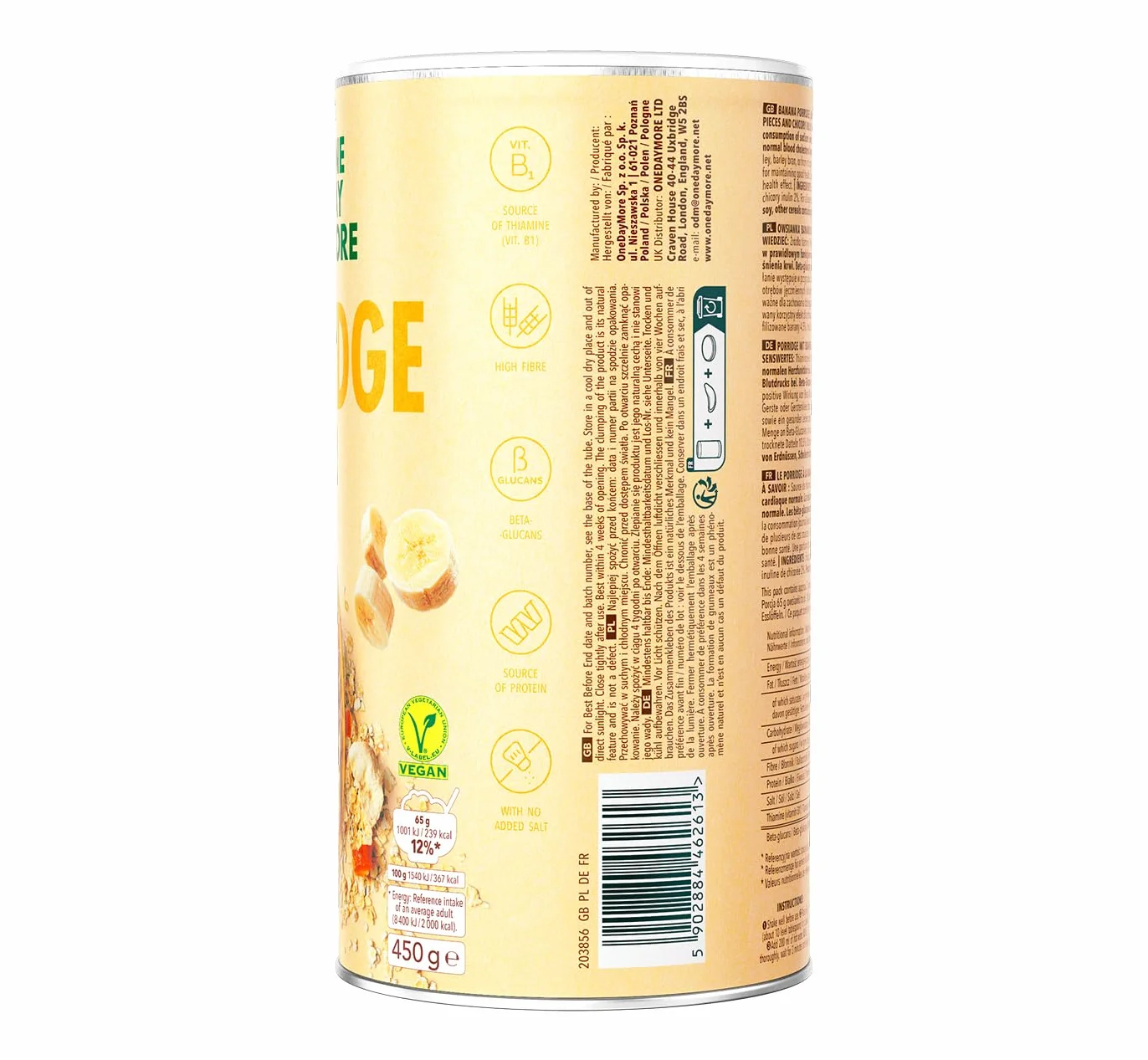 OneDayMore Owsianka bez cukru z bananami 1350 g musli wegańskie płatki owsiane 100% naturalne składniki 3 sztuki