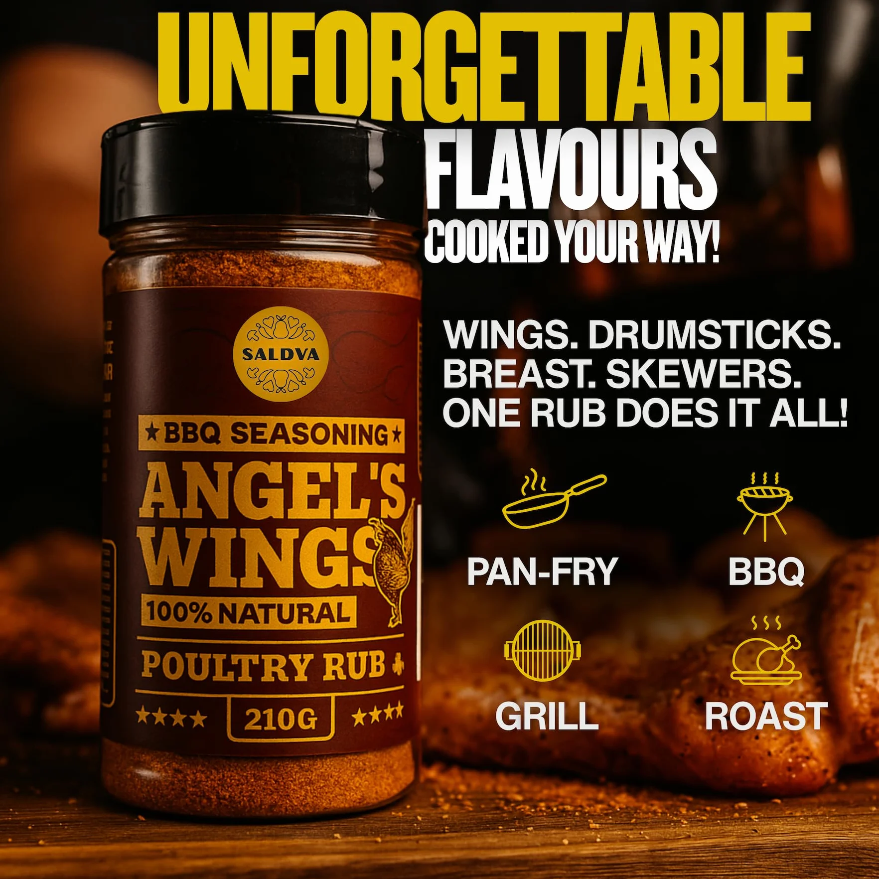 Angel's Wings BBQ Chicken Rub – 100 % naturalna aromatyczna przyprawa – Idealna mieszanka przypraw do wspaniałych dań z kurczaka z grilla – Duży słoik (210 g)