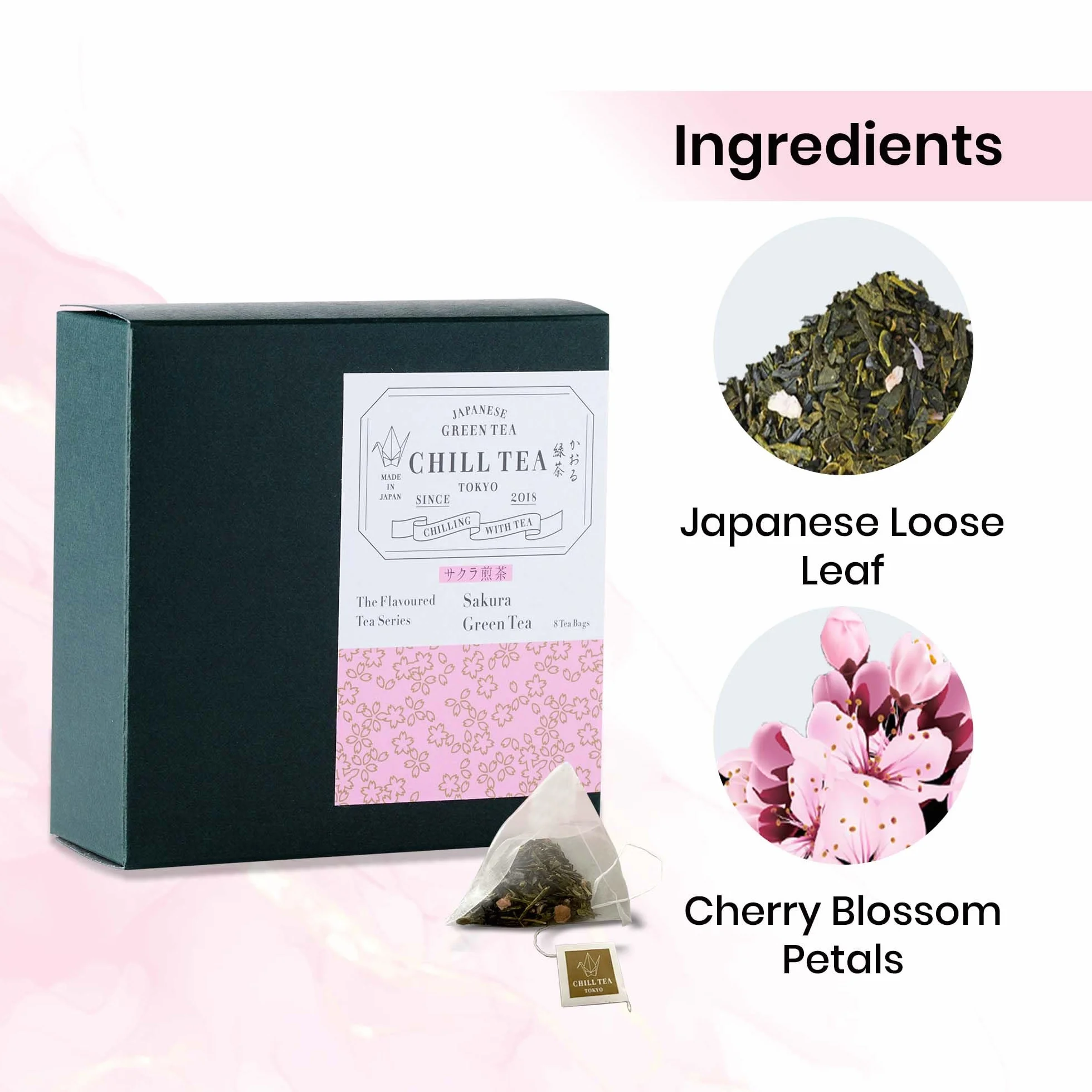 Herbata wiśniowa Sakura od CHILL TEA Tokio - 100% japońska herbata z kwiatów wiśni - bez plastikowych torebek - Pełny, owocowy, kwiatowy smak (8 torebek)