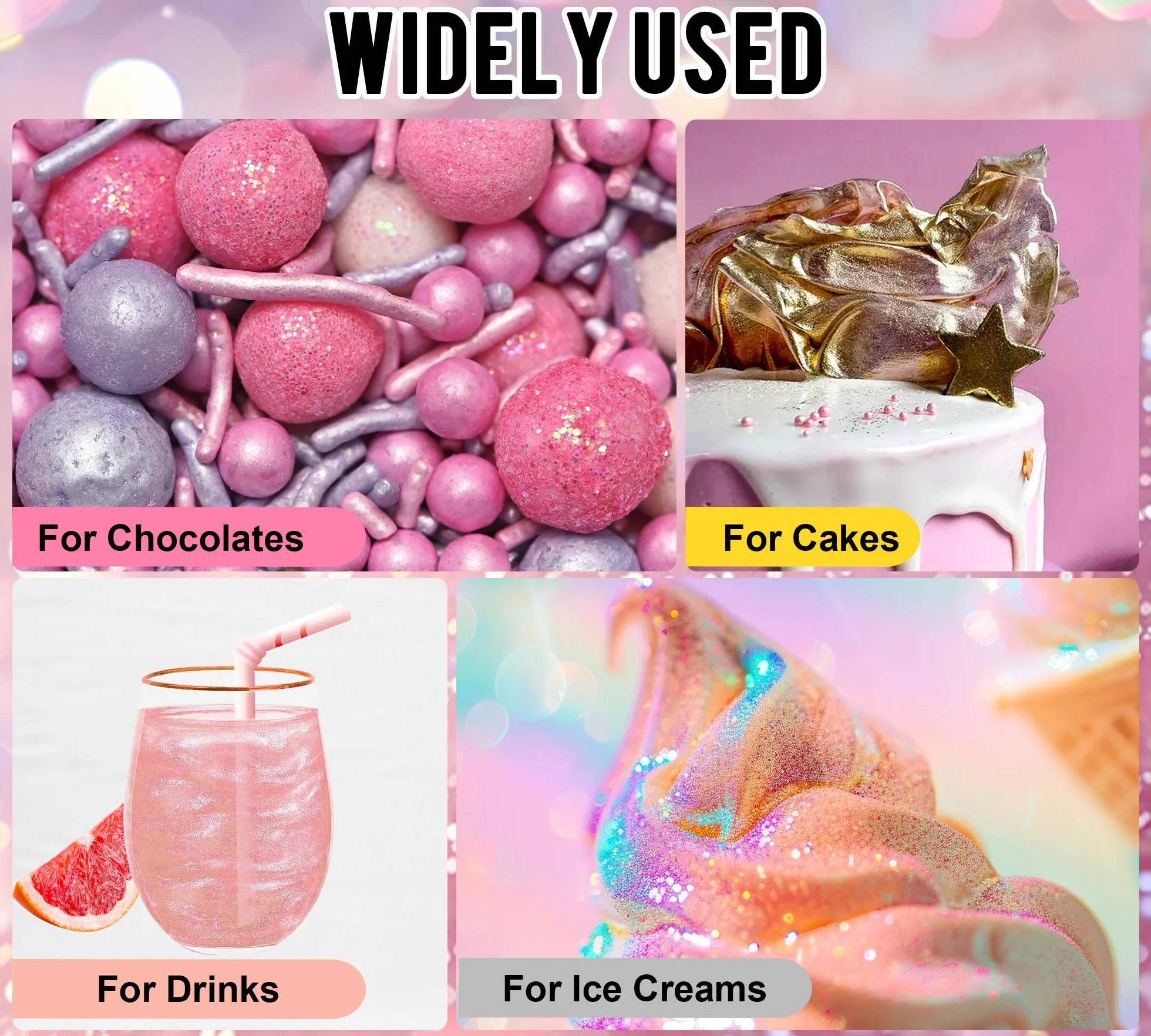 Jadalny zestaw brokatów, 4 kolory, metaliczny, 5 g/butelka – neutralny smakowo proszek brokatowy do napojów, koktajli, tortów, fondantów i czekolady, barwników spożywczych, brokatowy pył do dekoracji