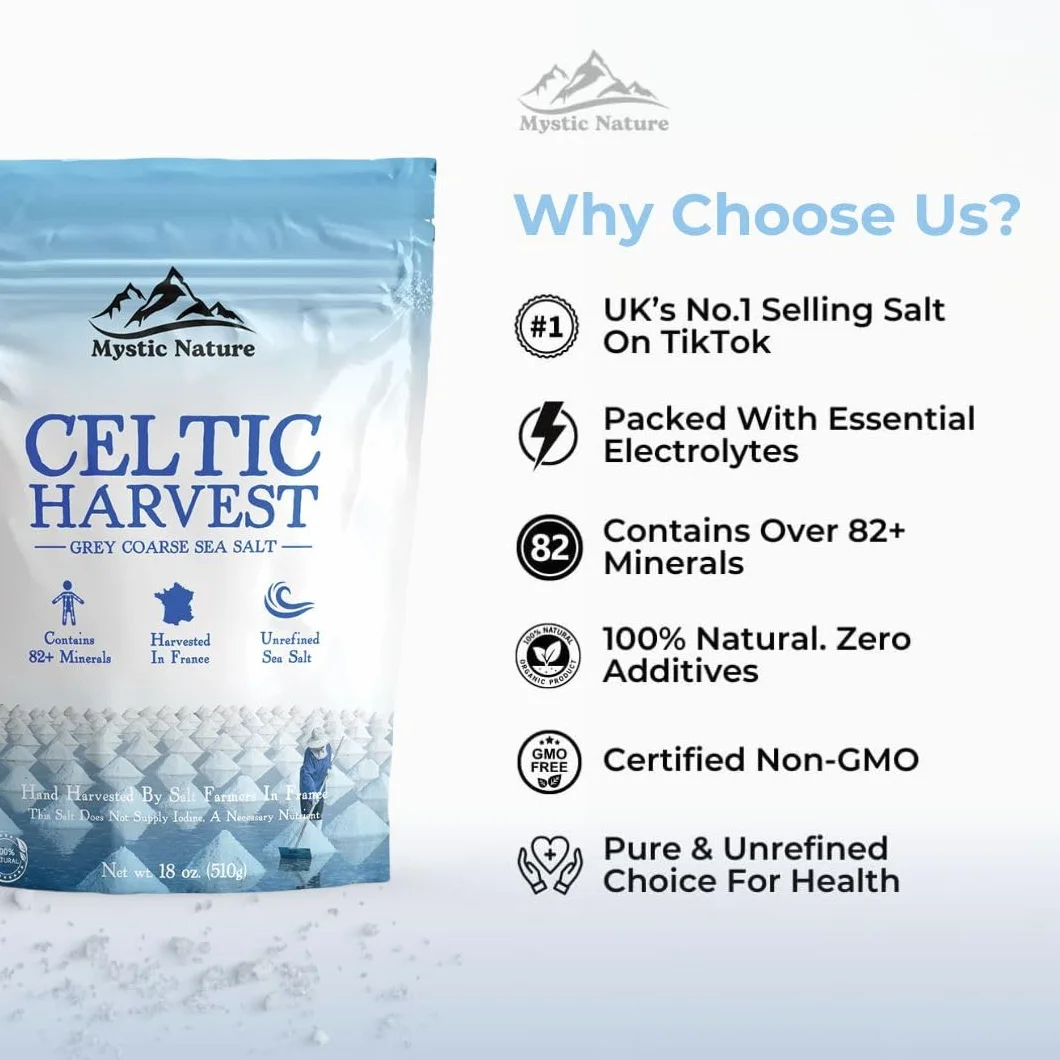 Mystic Nature Celtycka sól morska – 500 g | 100% naturalna nierafinowana sól celtycka | zbierana ręcznie przy użyciu zrównoważonych i przyjaznych dla środowiska praktyk | Zawiera 82+ minerałów | Marka