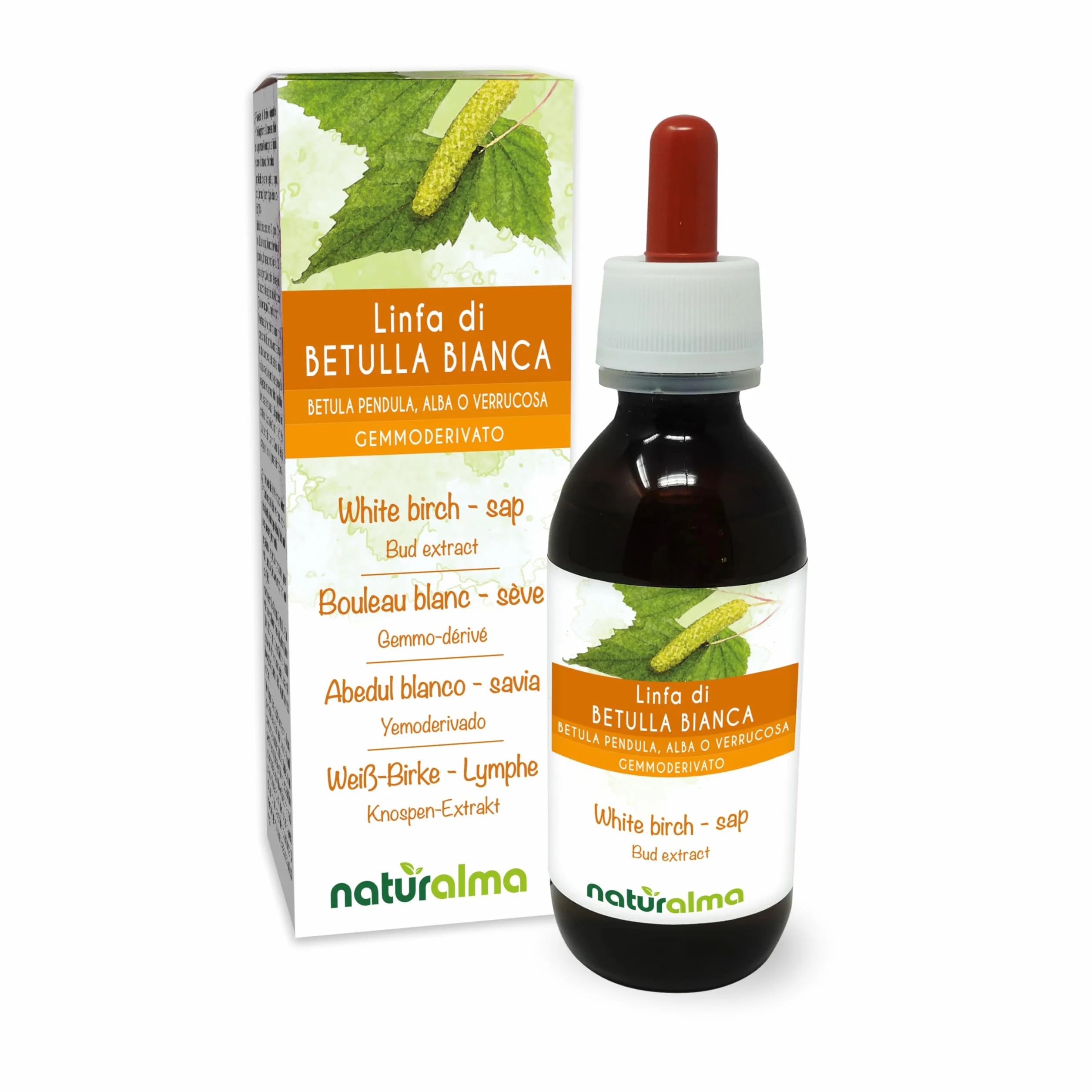 Brzoza brodawkowata lub Brzoza biała (Betula pendula, alba lub verrucosa) Bezalkoholowy ekstrakt ze świeżych pączków Naturalma - Płynny ekstrakt w kroplach 120 ml - Suplement diety - Wegański