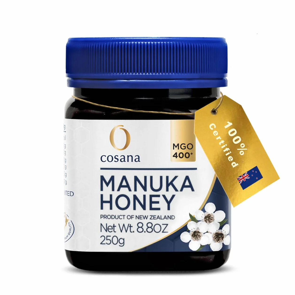 Cosana Miód Manuka 400 MGO + 250 g – 100% czysty – napełniony, zapieczętowany i certyfikowany w Nowej Zelandii