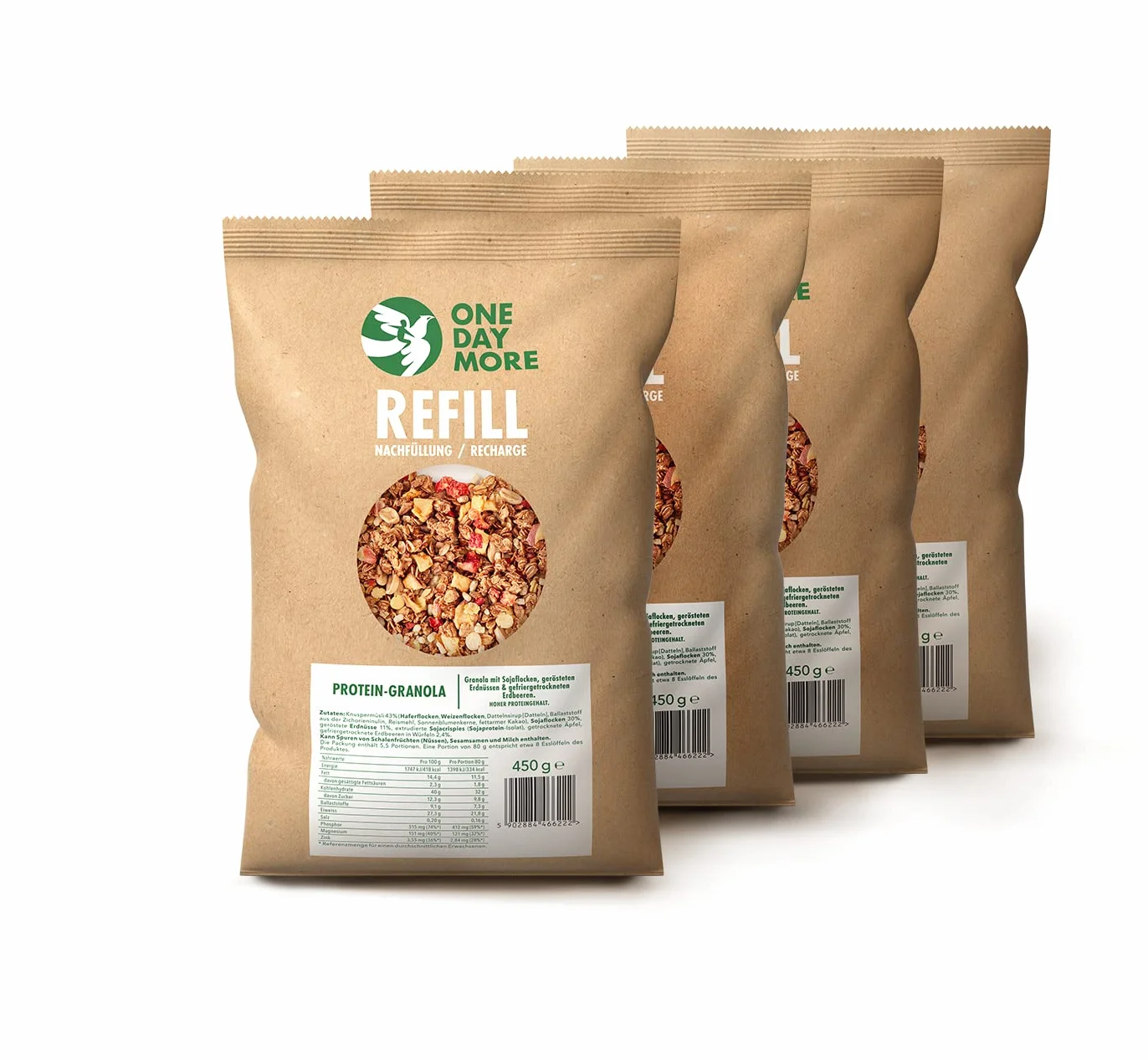 OneDayMore Granola Proteinowa Refill Pack | Refill 4-pak x  400 g | 28% białka | Dużo owoców, bez syropu glukozowo-fruktozowego i oleju palmowego | Ekonomiczny zestaw