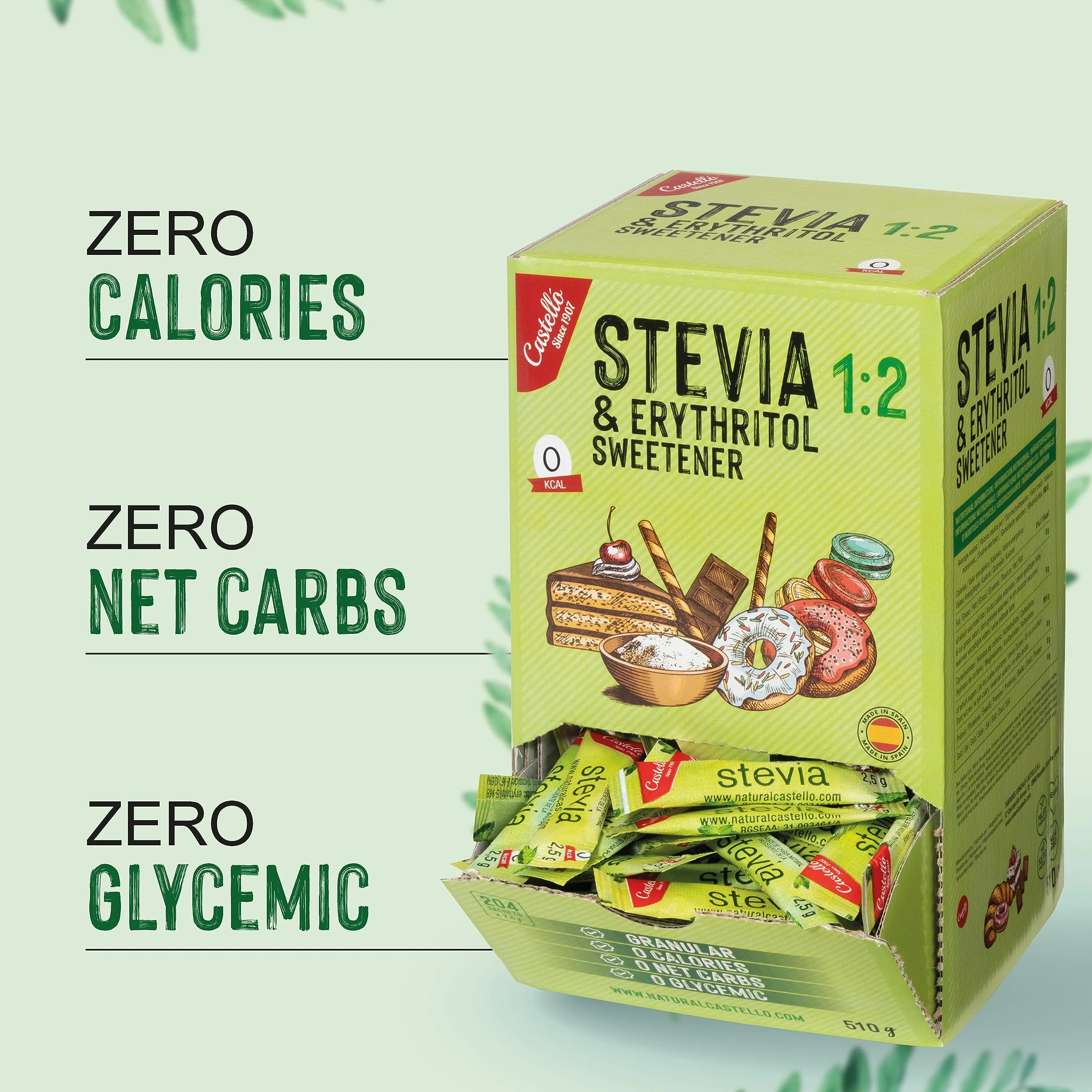 Castello Słodzik Stevia Erytrytol 1:2 204 saszetki 2,5g 0 Kalorii Keto Paleo Bez GMO