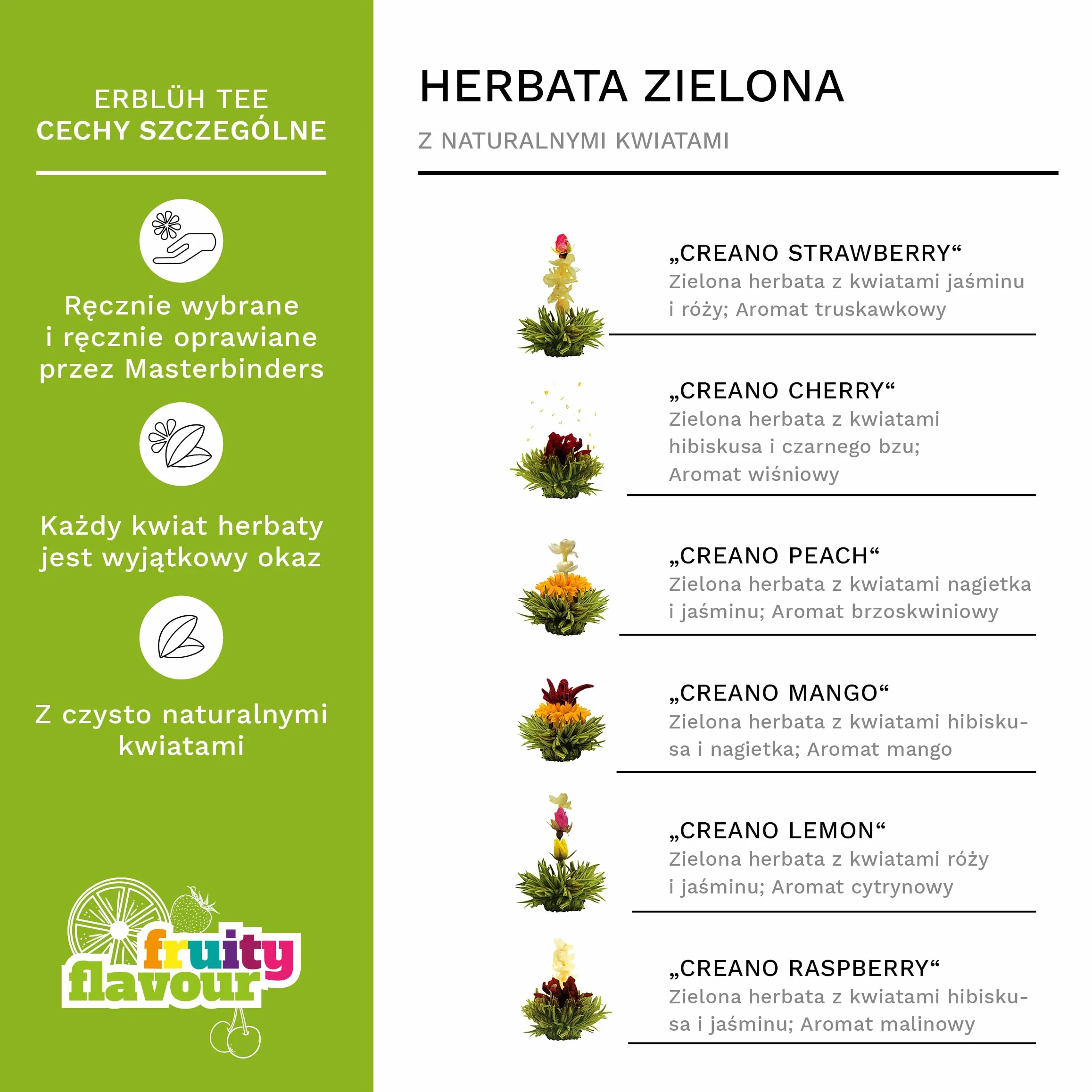 Creano zestaw upominkowy z kwitnącą herbatą, szklany dzbanek, 6 odmian róż herbacianych