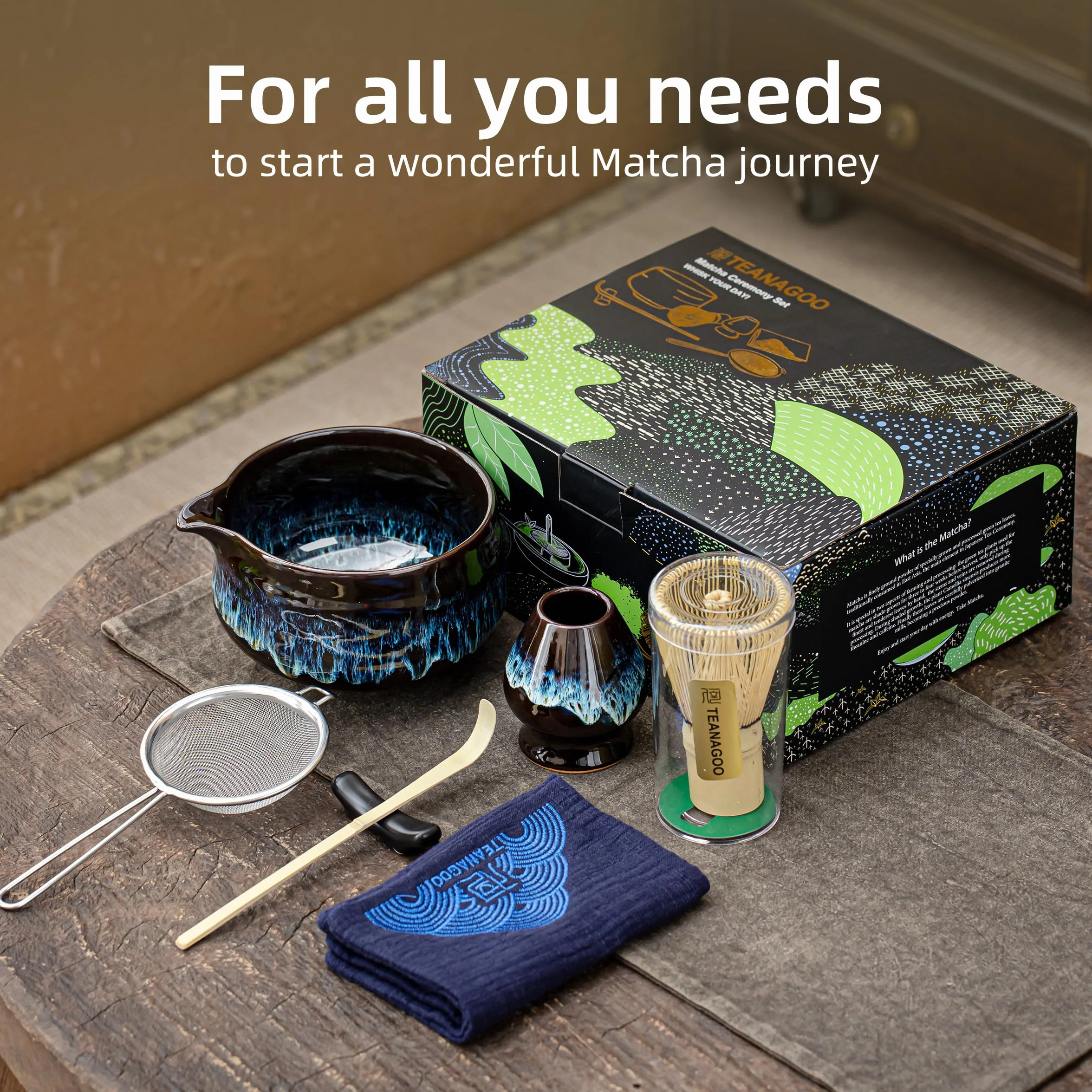 TEANAGOO Zestaw do trzepaczki Matcha, zestaw matcha na ceremonię, zestaw do herbaty matcha do robienia śniadania/latte matcha, ceramiczna miska do matcha z wylewką i trzepaczką, prezent dla miłośnika