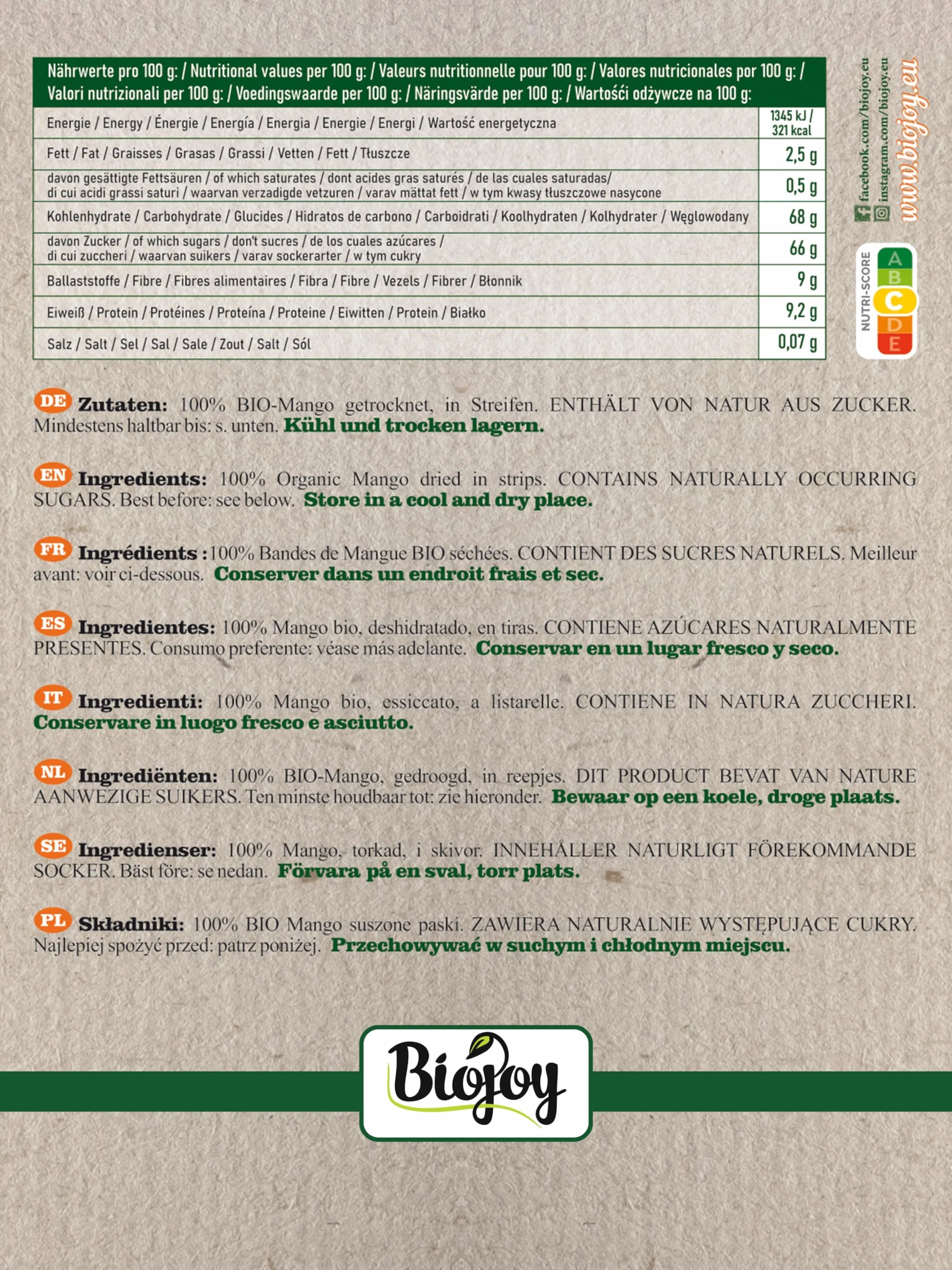 Biojoy suszone mango Brooks 1 kg bez siarczynów