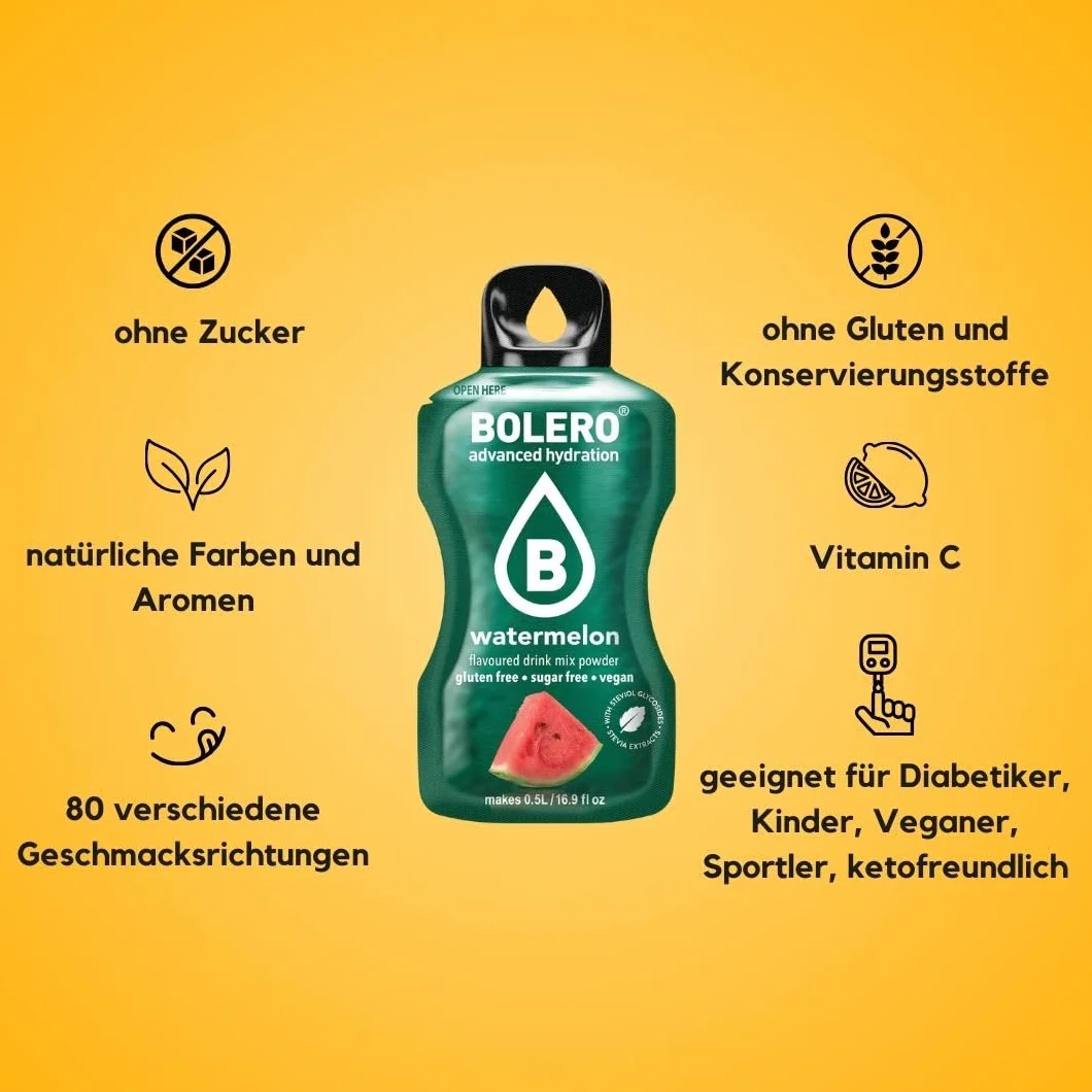 Bolero RASPBERRY 24x3g | Proszek do napojów bez cukru, słodzony stewią + witamina C | odpowiedni dla dzieci, sportowców i diabetyków | bezglutenowy i przyjazny dla wegan