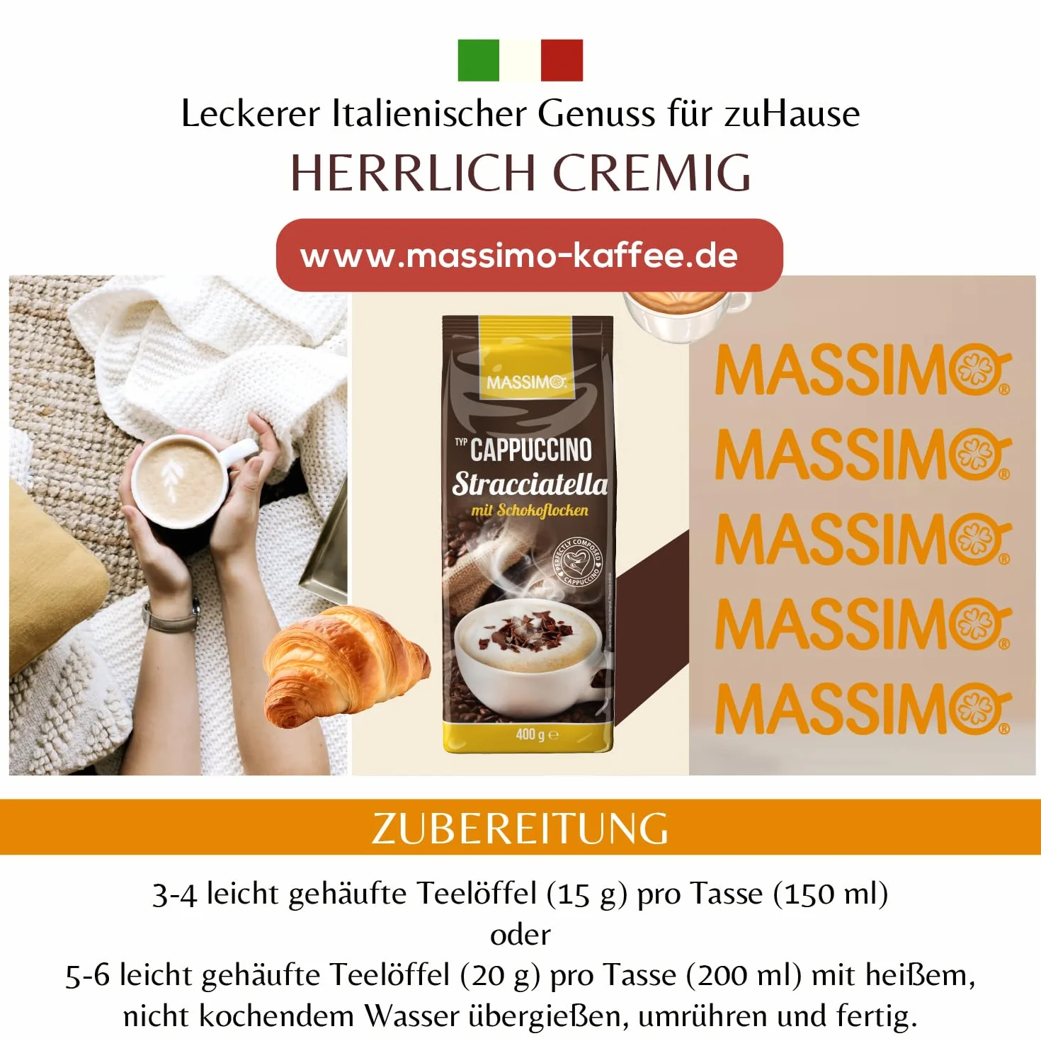 Massimo Cappuccino Stracciatella z płatkami czekolady 10 x 400 g/aromatyzowany proszek do napojów z rozpuszczalną kawą fasolową i płatkami czekolady mlecznej